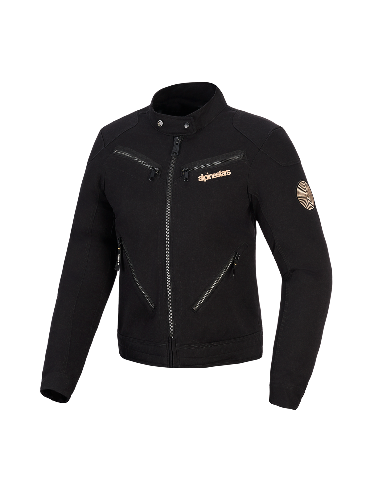 Alpinestars Stella Grace Jacke, Motorradjacke für Damen, Schwarz, urbanes, von Workwear inspiriertes Design mit mehreren Front-Reißverschlüssen, Kragen mit Druckknopf, kupferfarbenem Alpinestars-Logo und Vintage-Spiral-Aufnäher am Ärmel.