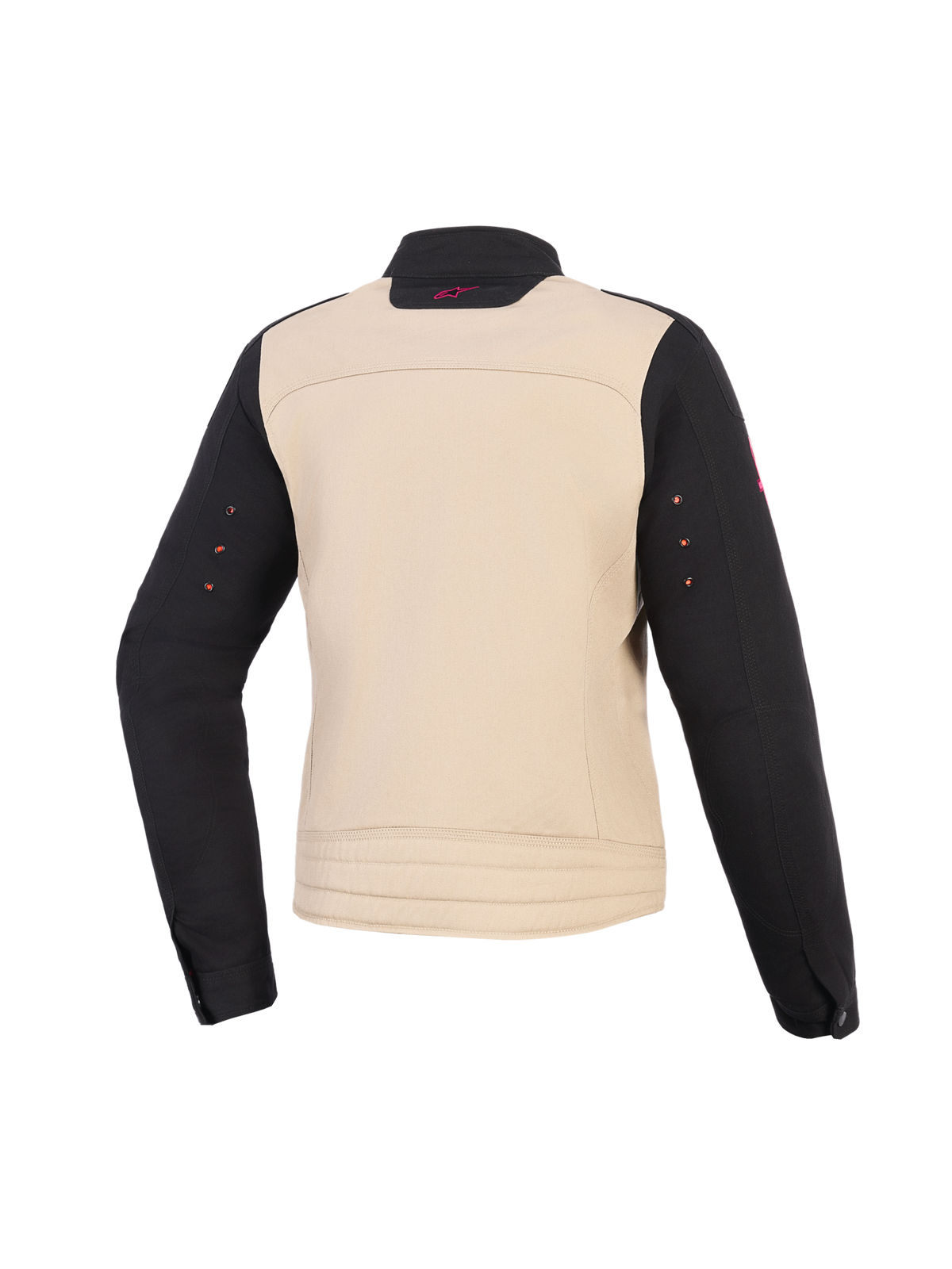 Alpinestars Woman Stella Grace Jacket, Women's Motorcycle Jacket, Aluminum Black, Rear view, textile construction featuring a beige torso with black sleeves and a small pink logo on the collar.