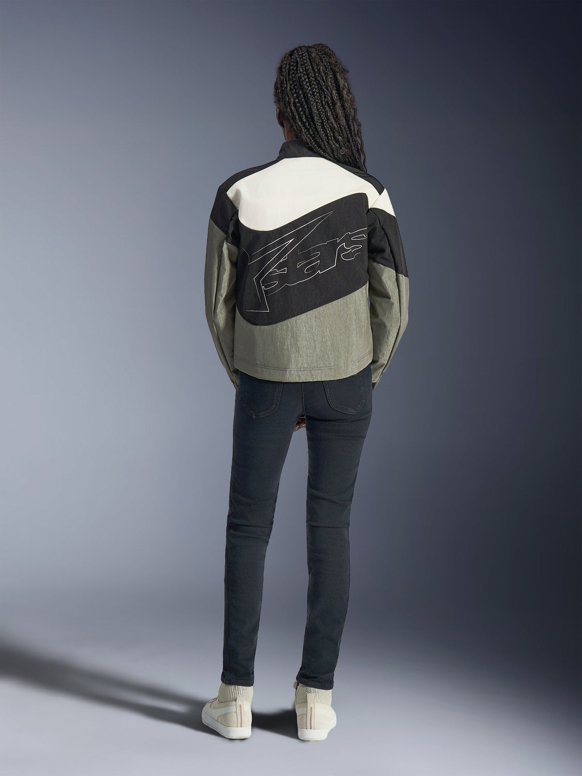 Alpinestars Stella Moshell Jacket, a women's urban motorcycle jacket in gray and black with a large back logo.