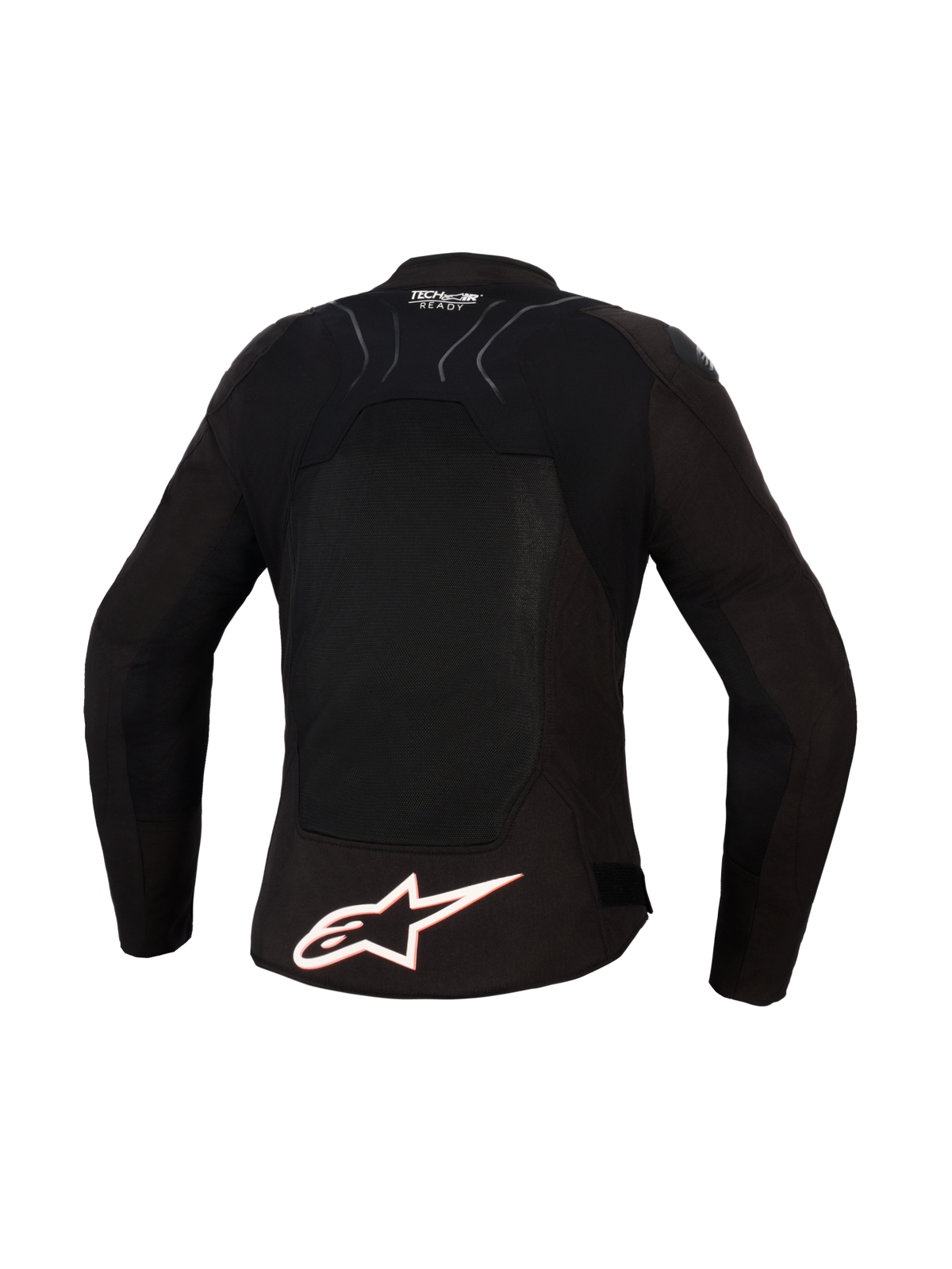Alpinestars Woman Stella SMX Air Jacket, Back View, Black with White and Red Fluo accents, featuring a large white Alpinestars logo on the lower back, high-flow mesh panels for ventilation, and Tech-Air Ready branding on the upper back.