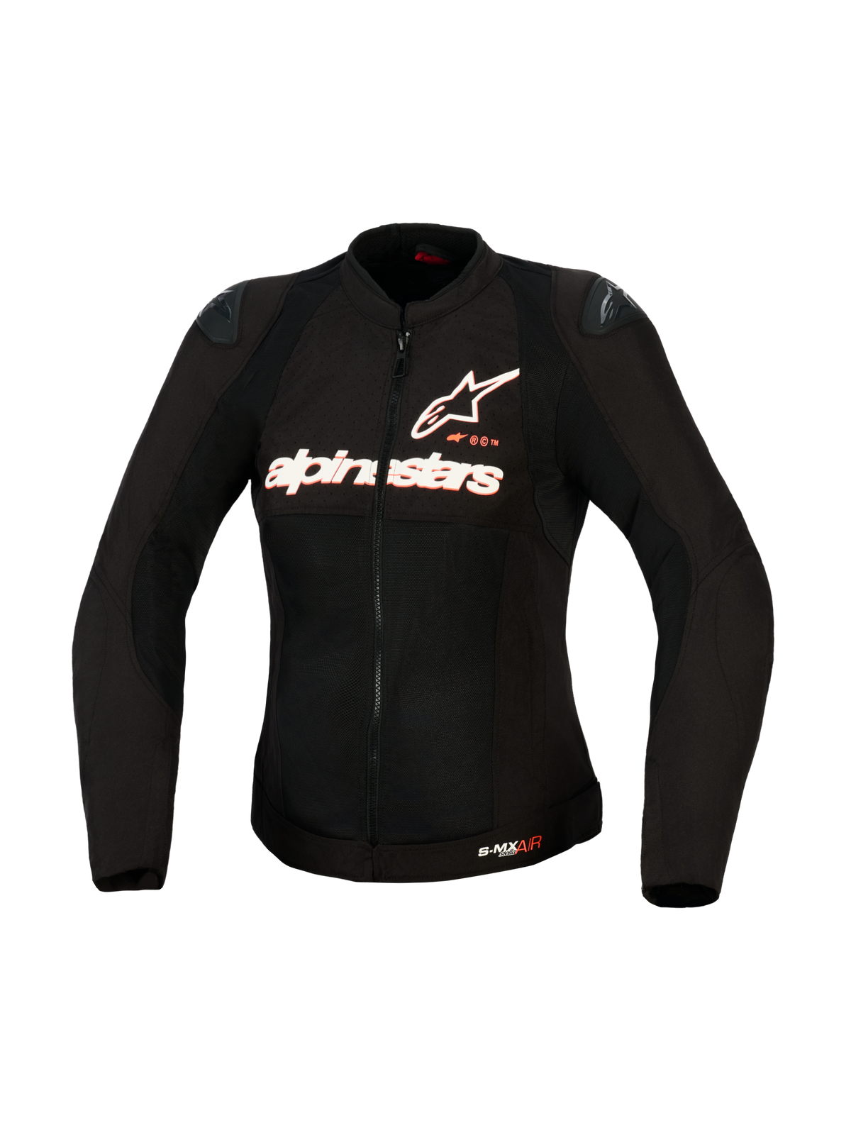 Alpinestars Woman Stella SMX Air Jacket, Textile Motorcycle Jacket, Black with White and Red Fluo branding, front view showing high-flow mesh construction, Alpinestars chest logo, and DFS Lite shoulder sliders, tailored for female riders.
