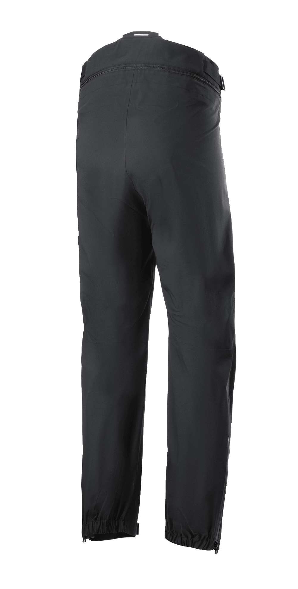Alpinestars AMT Storm Gear Drystar® XF Hose, schwarze Motorrad-Überhose, Rückansicht mit umlaufendem Verbindungsreißverschluss an der Taille, elastischen Säumen und Beinöffnungen mit Reißverschluss für Fahrten bei nassem Wetter.