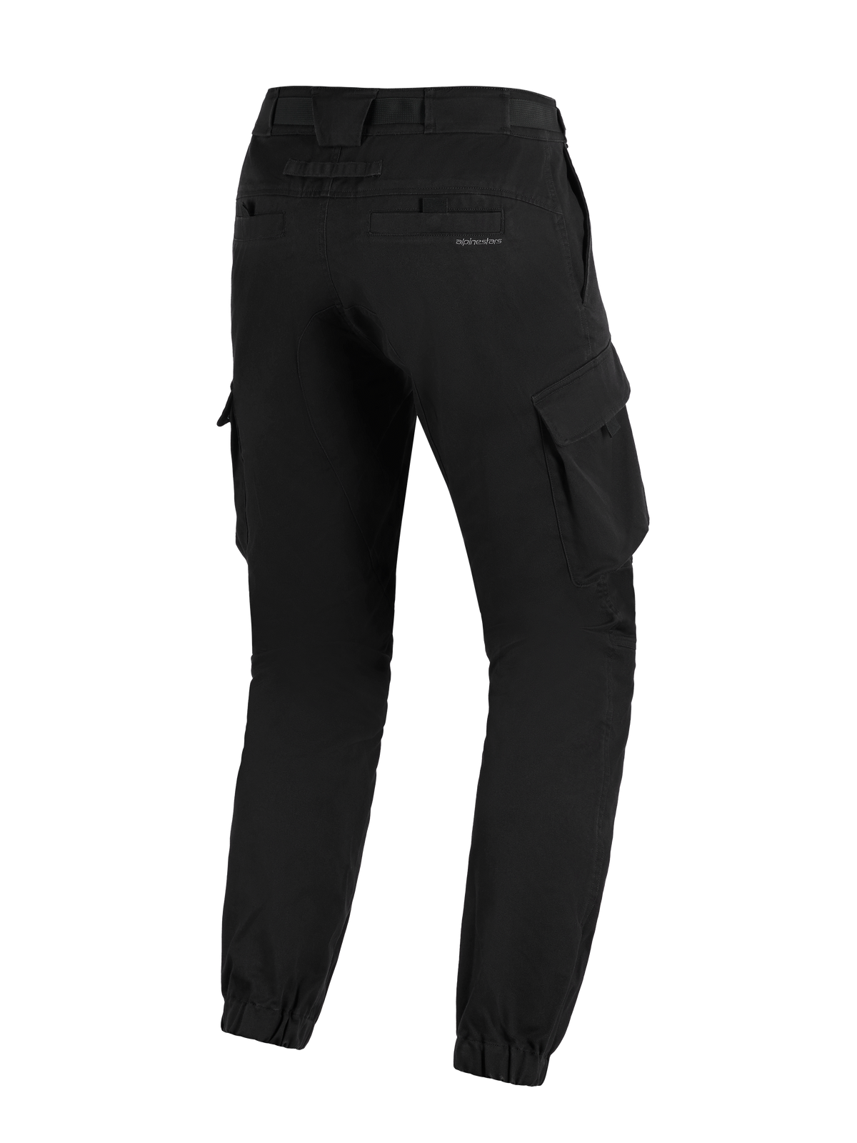 Alpinestars Flex-AST Cargo-Hose - Kurz, Schwarz, Rückansicht einer urbanen Motorradhose mit konischer Passform, elastischen Knöchelsäumen, seitlichen Cargotaschen und dezentem Branding auf der Gesäßtasche.