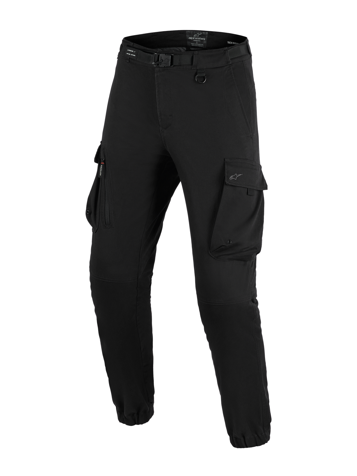 Alpinestars Flex-AST Cargo Hose - Kurz, Urbane Motorradhose, Schwarz, reguläre Tapered-Passform mit elastischen Säumen, integrierter Gürtel mit Schnalle, D-Ring und große seitliche Cargotaschen.