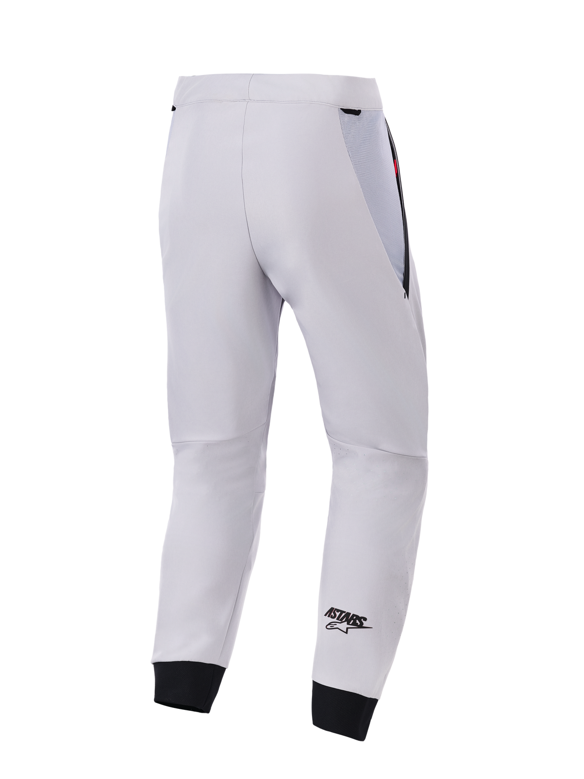 Alpinestars Aeroshell Airflow Hose, Rückansicht, Mittelgrau, technische Softshell-Motorradhose, mit schwarzen Mesh-Hüfteinsätzen und elastischen Bündchen, schwarzes ASTARS-Logo am Unterschenkel, leichtes und belüftetes Sport-Design