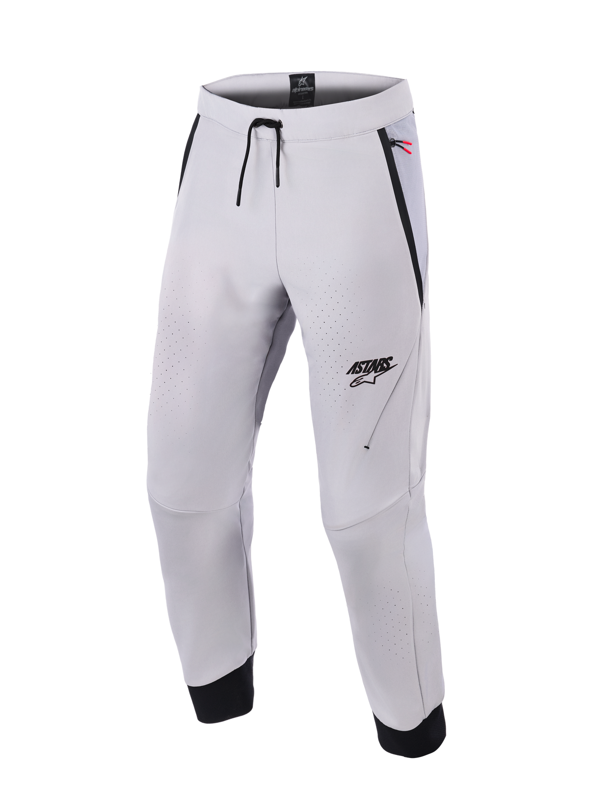 Alpinestars Aeroshell Airflow Hose, mittelgraue Motorradhose mit laserperforierten Belüftungszonen, ASTARS-Logo am linken Oberschenkel, Kordelzug am Bund und schwarzen Knöchelmanschetten, technisches Softshell-Design für Sport- und Stadtfahrten
