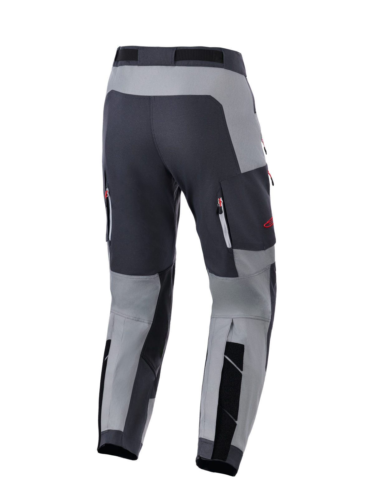Alpinestars Maxdura Dual Hose, Adventure-Motorradhose, Dunkelgrau und Tiefgrau, Rückansicht mit verstärktem Gesäßbereich und Belüftungstaschen mit Reißverschluss und roten Akzenten, entwickelt für Dual-Sport-Performance.