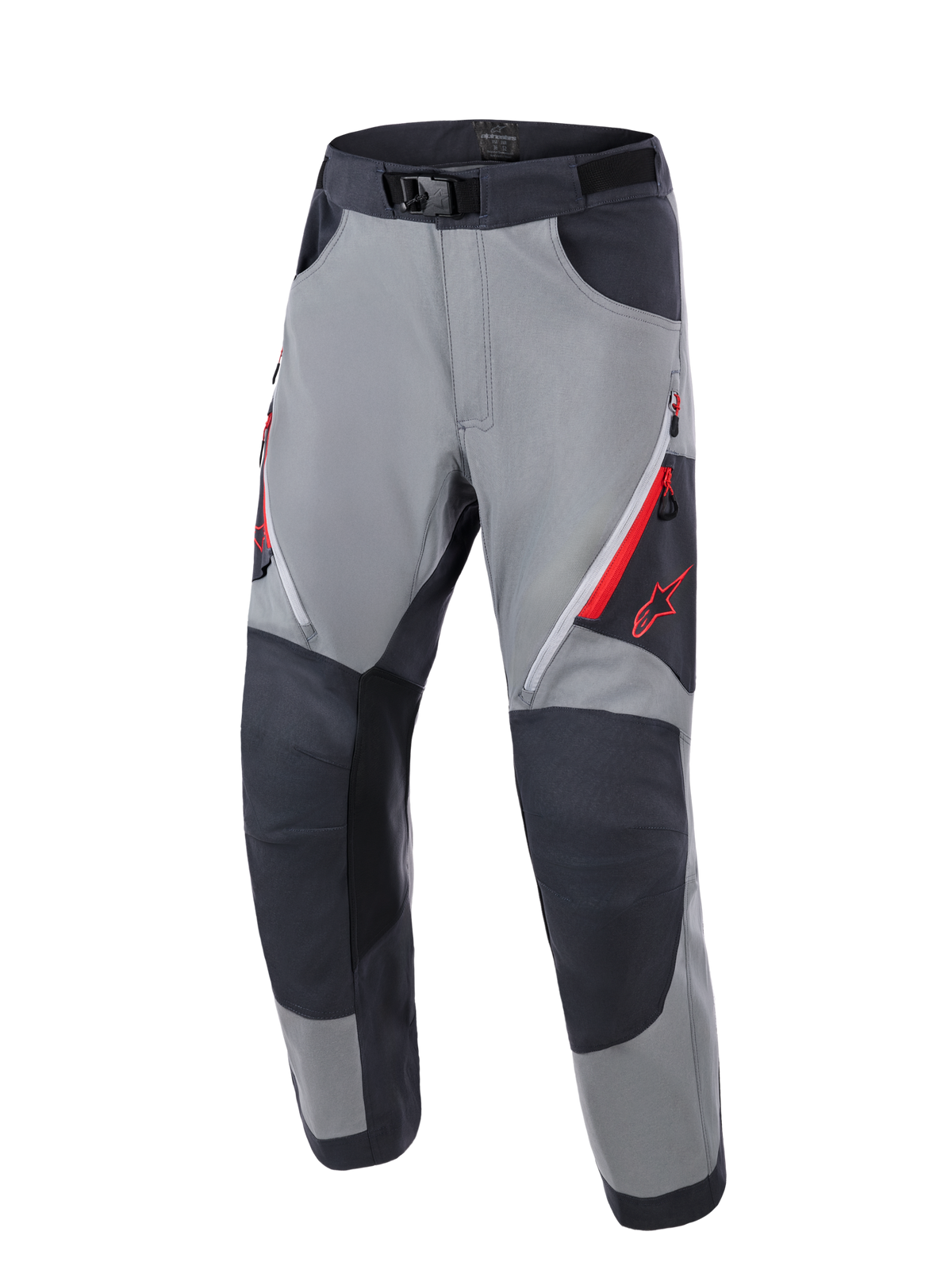 Alpinestars Maxdura Dual Hose, Adventure-Motorradhose, Dunkelgrau und Tiefgrau, mit verstärkten dunkelgrauen Kniepaneelen, roten Belüftungsöffnungen mit Reißverschluss am Oberschenkel, rotem Astars-Logo auf dem Oberschenkel und verstellbarem Taillengürtel mit Magnetschnalle, konzipiert für Dual-Sport-Fahrten
