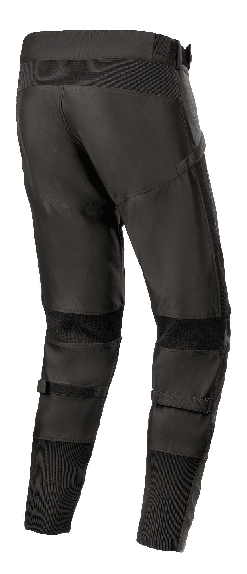 Alpinestars T SP-5 Rideknit® Pants, Textile Motorcycle Pants, Black, rear view highlighting high back profile and tapered fit, featuring knitted technology stretch panels behind knees and ankles, adjustable calf straps, performance road riding gear