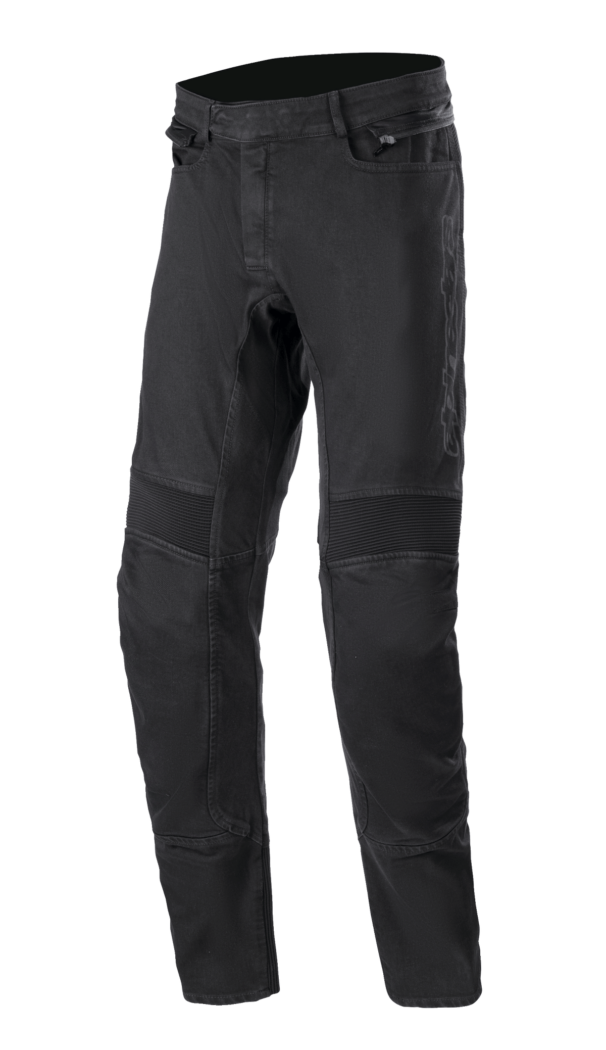 Alpinestars SP Pro Pants, Technical Motorcycle Riding Pants, Black, slim fit stretch denim with ribbed accordion flexibility panels at the knees, zippered side pockets, and durable triple stitching.