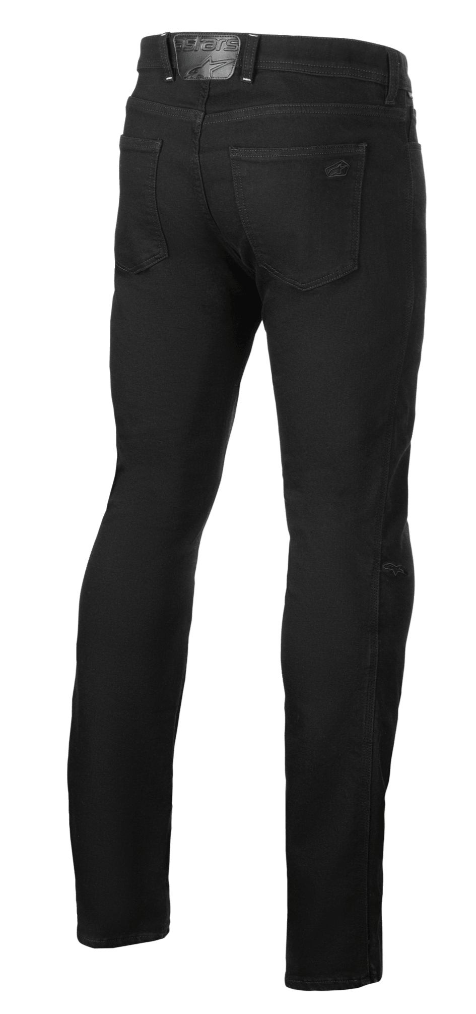 Alpinestars Cult-8 Stretch Denim Hose, Black Rinse, Rückansicht einer Motorradjeans, Straight Leg Regular Fit, mit Gesäßtaschen und geprägtem Leder-Logo-Patch am Bund, lässiger Urban-Style.