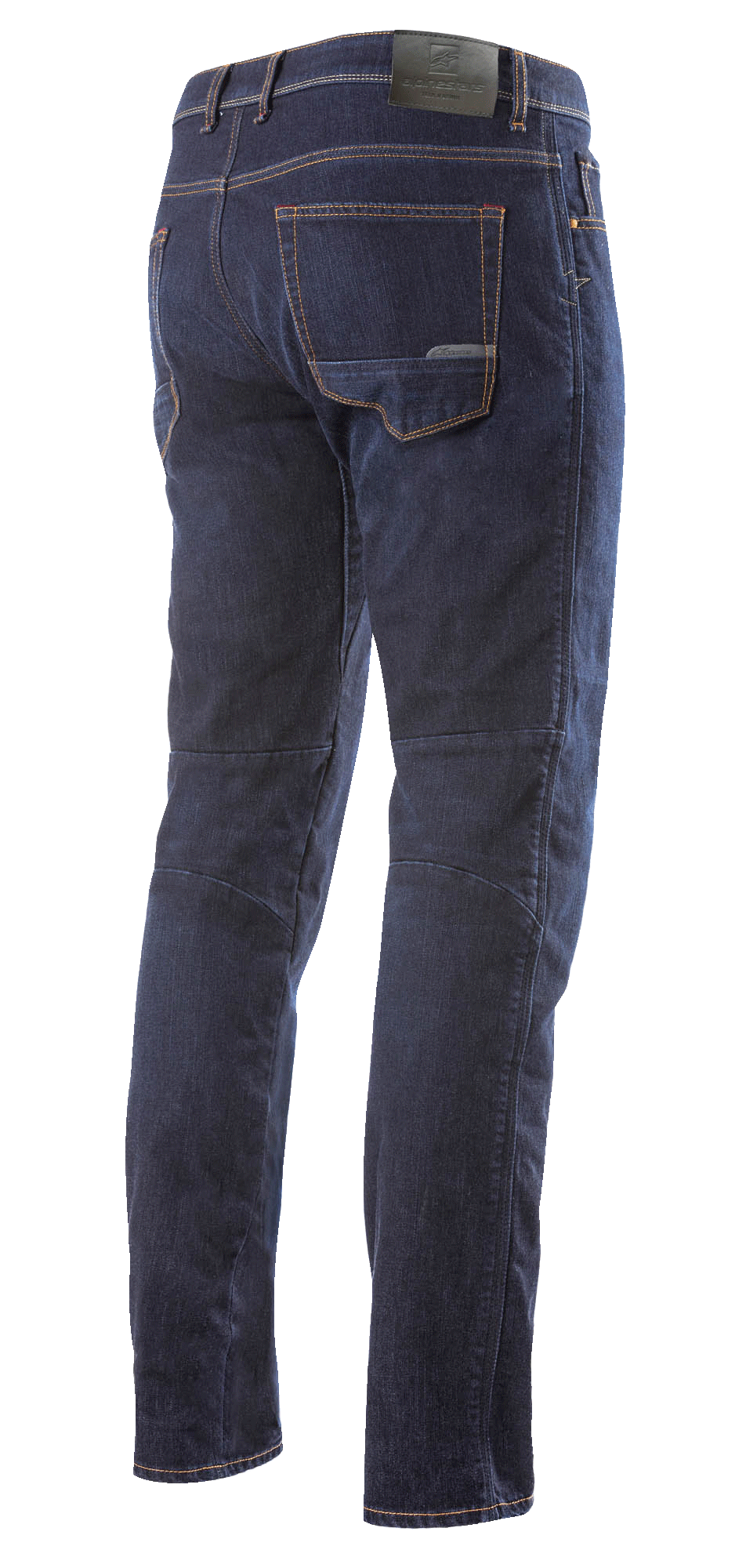 Alpinestars Radium Denim Hose, Motorradjeans, Dunkelblau, Rückansicht in voller Länge, klassisches Five-Pocket-Design mit Logo-Patch in Lederoptik am Bund, speziell entwickelter Rückbeinschnitt für ergonomischen Fahrkomfort.