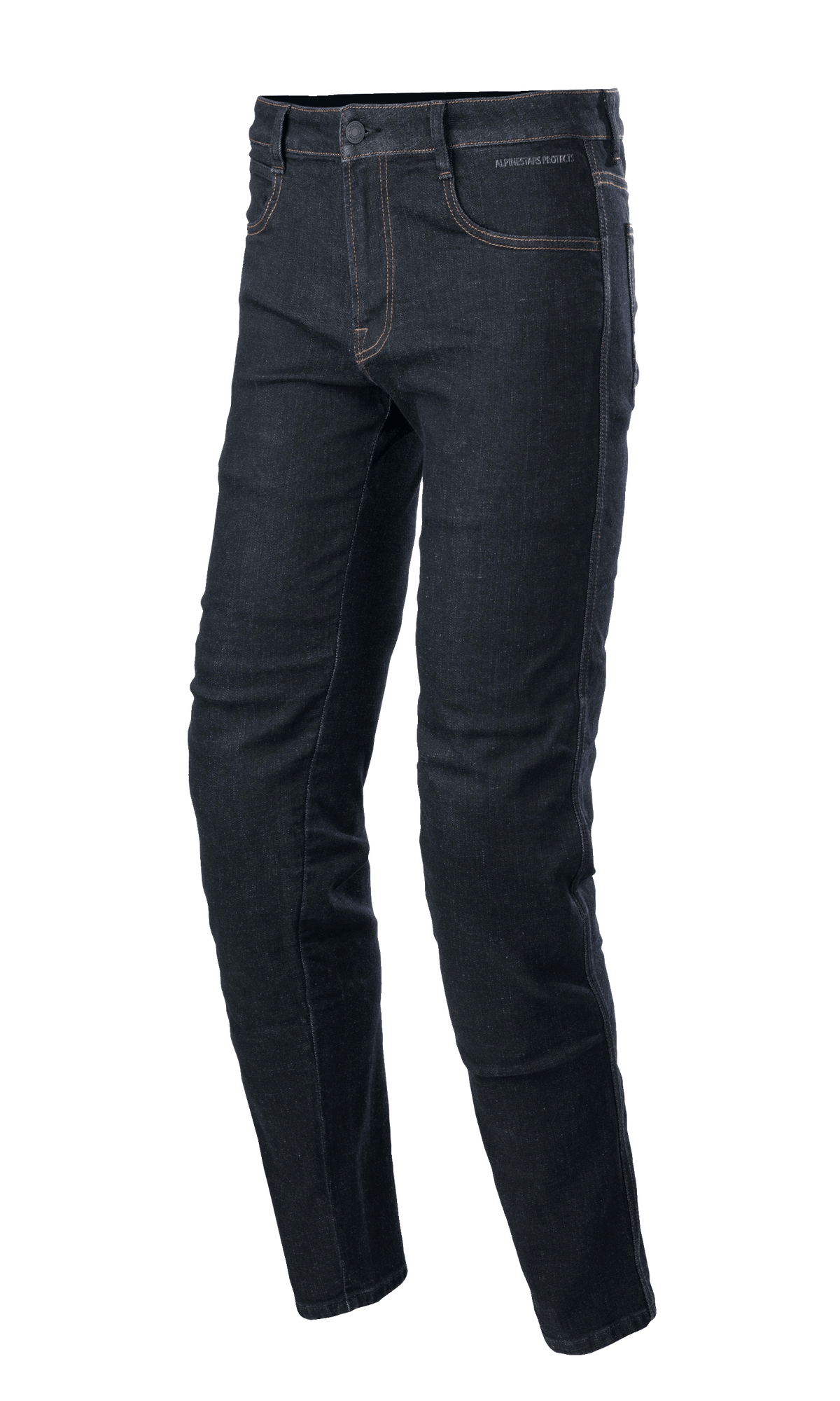 Alpinestars Sektor Regular Fit Denim, Rinse Blue motorcycle pants, tapered leg with contrast stitching, five-pocket design with belt loops and button closure, stretch denim fabric, urban riding style