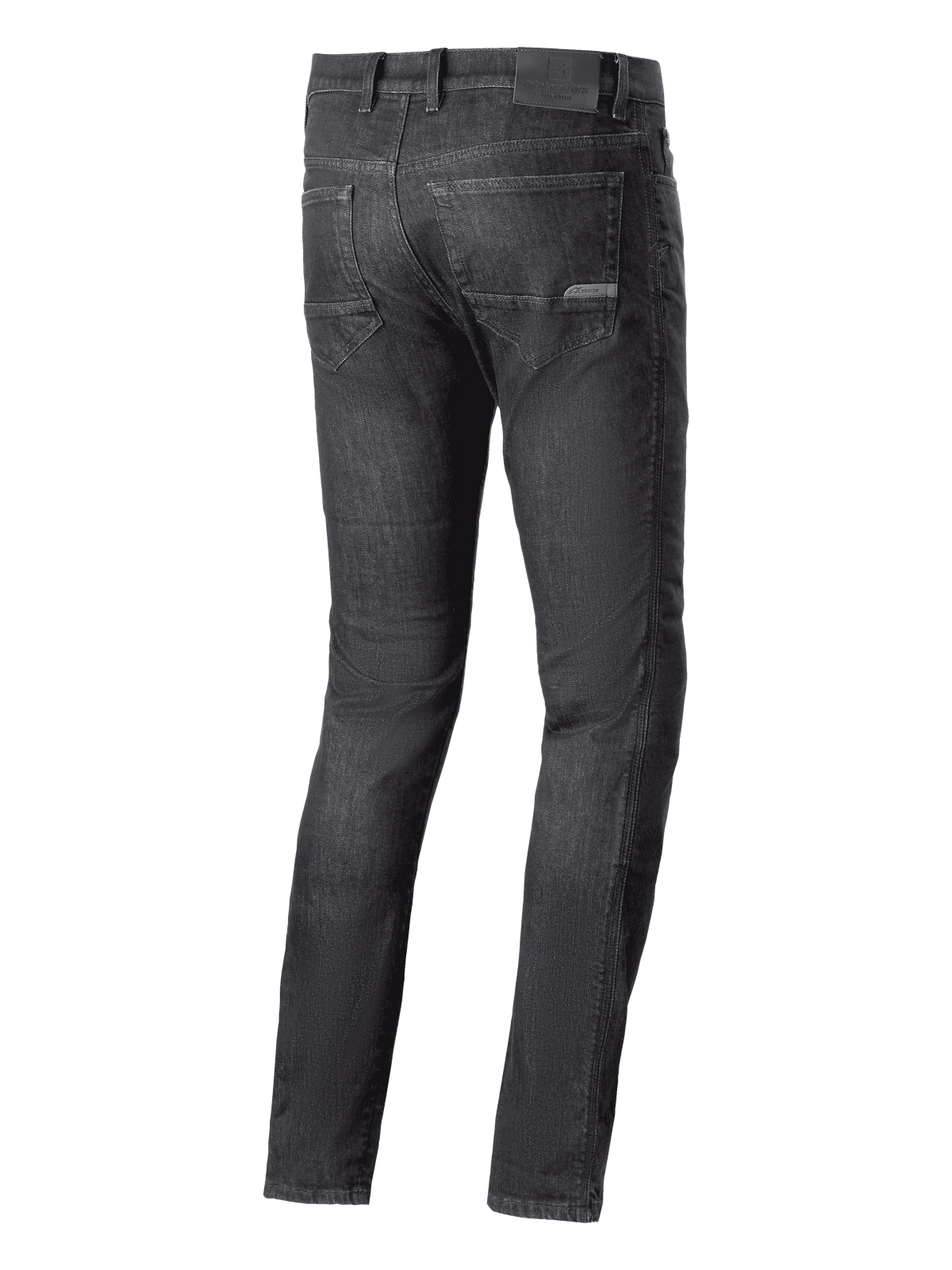 Alpinestars Cerium Denim Tech Riding Pants, Motorrad-Jeans, Black Washed, Rückansicht mit Gesäßtaschen und Logo-Patch am Bund, lässiger urbaner Fahrstil