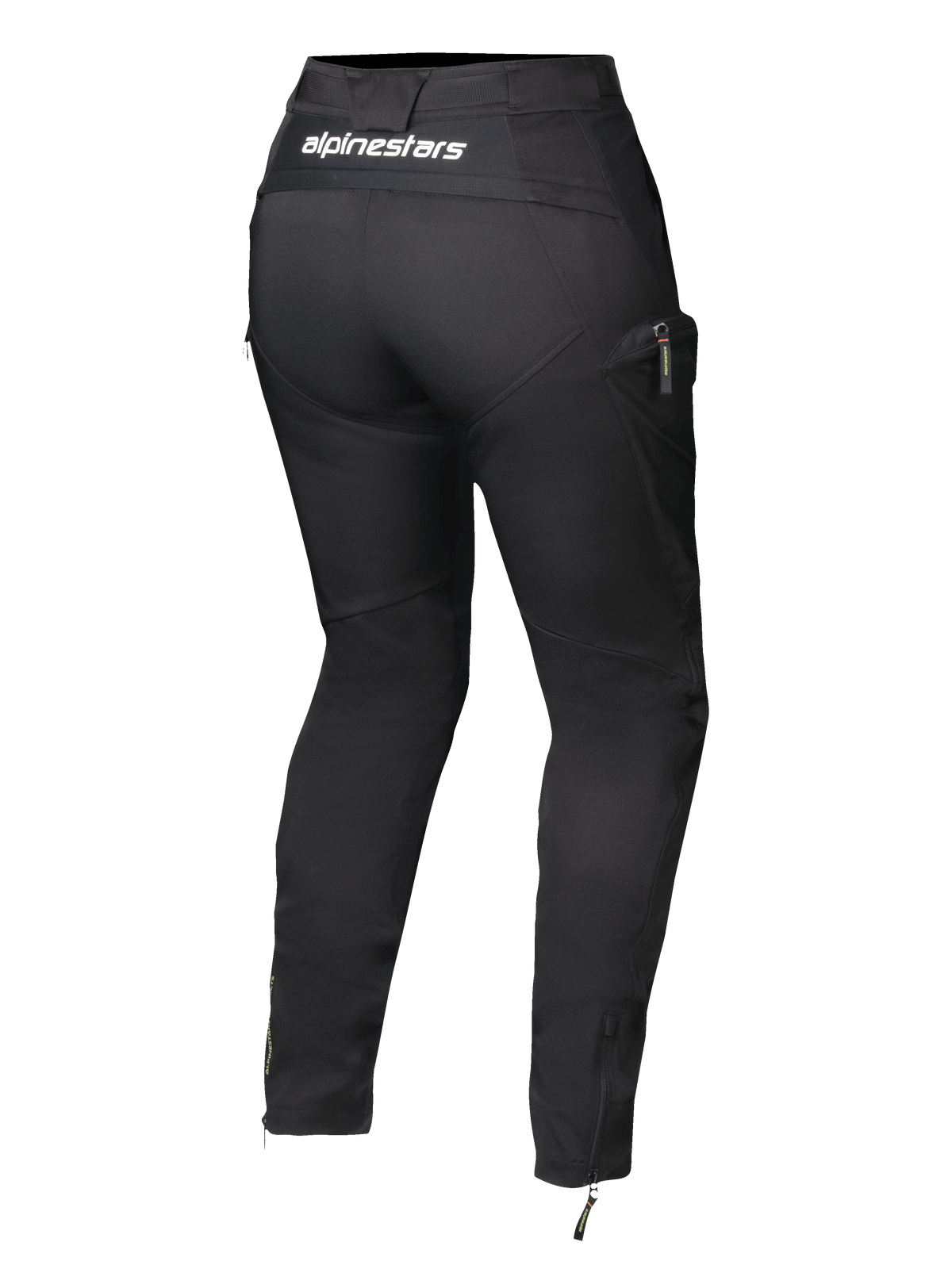 Alpinestars Actea Damen-Hose, Schwarz, Rückansicht mit weißem Branding am Bund, verjüngte Silhouette mit seitlicher Cargotasche, Reißverschlüsse an den Knöcheln, moderne Motorradhose