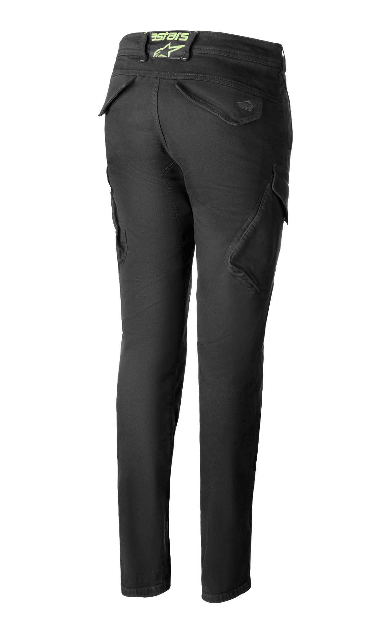Alpinestars Caliber Damen Tech Riding Denim in Anthrazit, Rückansicht, schmal geschnittene Hose im Combat-Stil mit funktionellen Cargotaschen und einem limettengrünen Astars-Logo am hinteren Bund.
