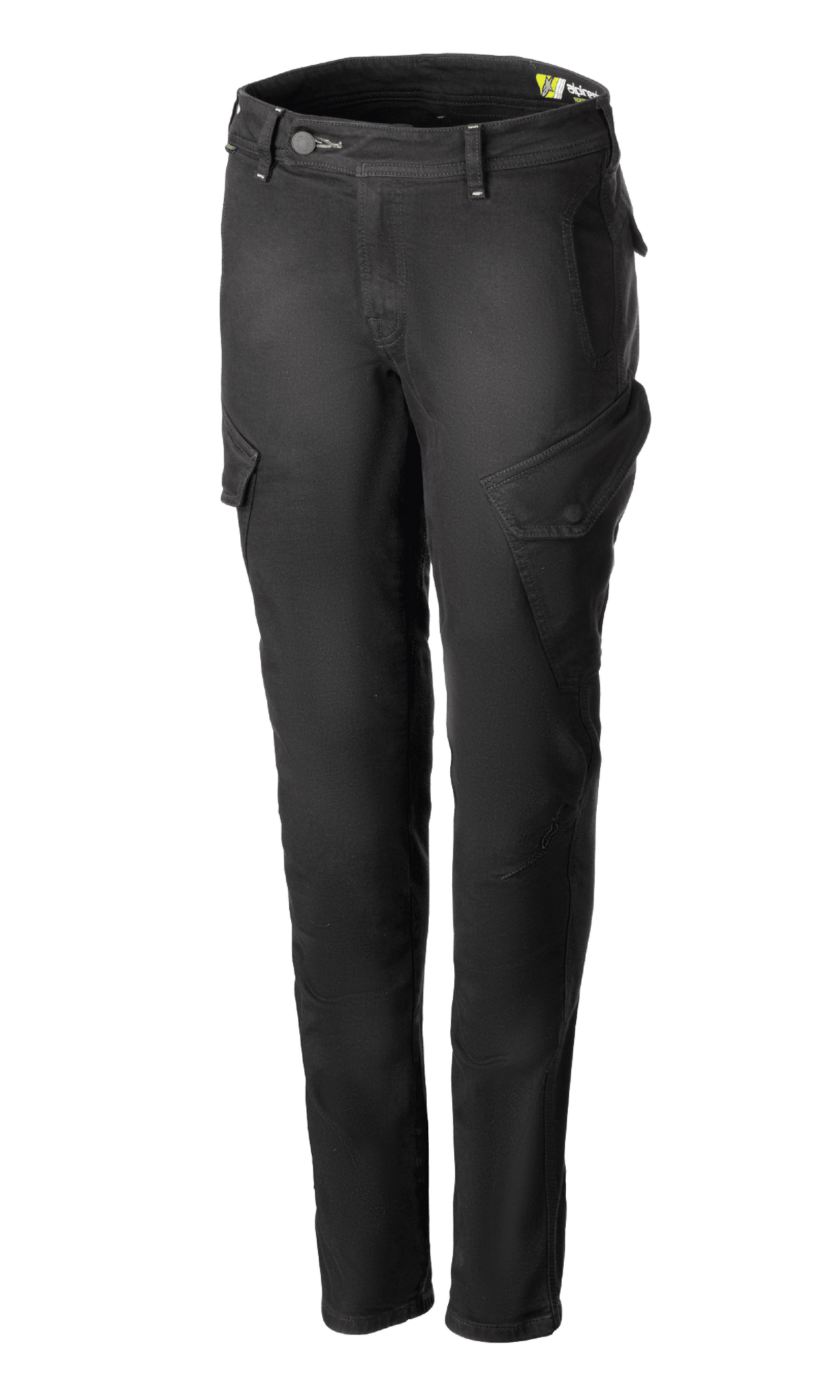 Alpinestars Caliber Tech Riding Denim für Damen, Motorrad-Cargohose in Anthrazitgrau, schmale Silhouette mit schrägen seitlichen Pattentaschen, Gürtelschlaufen und Knopf-Reißverschluss, strapazierfähiger Stretch-Cordura-Denim, urbane Motorrad-Schutzausrüstung.