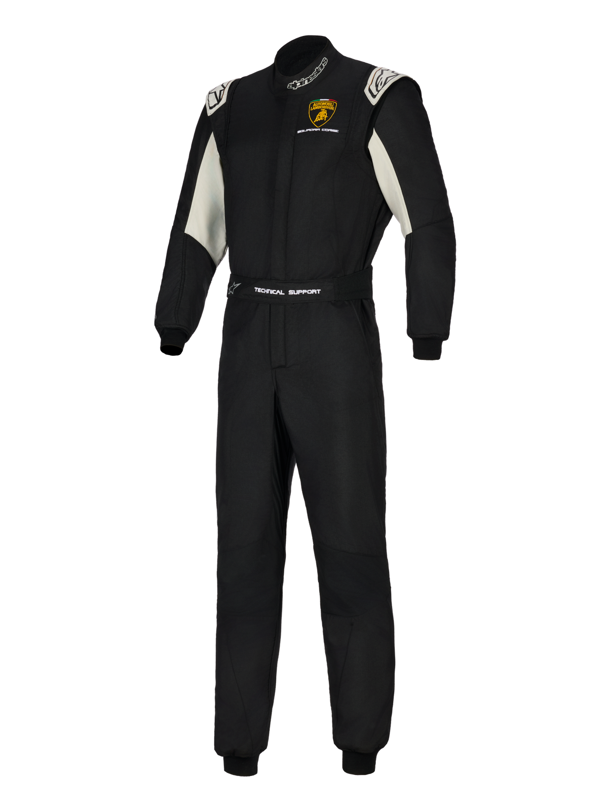 Alpinestars Limited Edition Lamborghini GP Tech V4 Anzug, professioneller Autorennanzug, Schwarz mit silbernen und weißen Akzenten, Lamborghini Squadra Corse Logo auf der Brust, 'Technical Support' Branding auf dem Gürtel, Alpinestars Logos auf dem Kragen und den Schultern