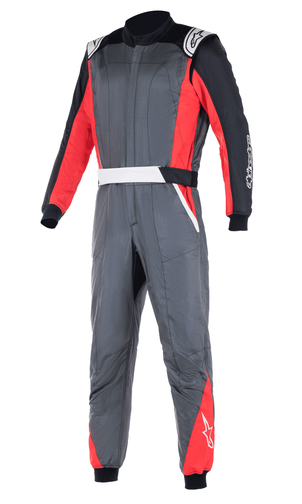 Alpinestars Atom FIA Suit, Professional Auto Racing Suit, Anthracite Gray with Red and Black Panels, featuring white shoulder epaulettes and logo branding, two-layer construction for heat and flame protection
