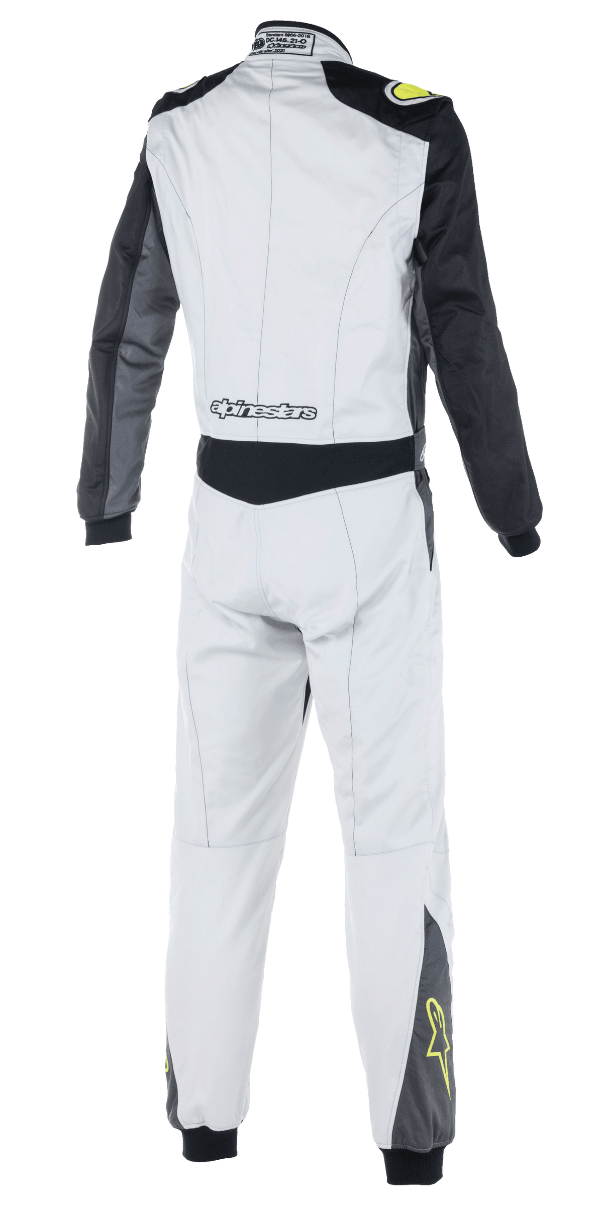 Alpinestars Atom FIA Anzug, Automobil-Rennkombi, Silber, Anthrazit und Gelb Fluo, Rückansicht mit schwarzen Ärmeln und Taillenpaneel, Alpinestars-Branding am unteren Rücken, gelbe Stern-Logos an den Unterschenkeln, FIA-zertifizierte Motorsportbekleidung