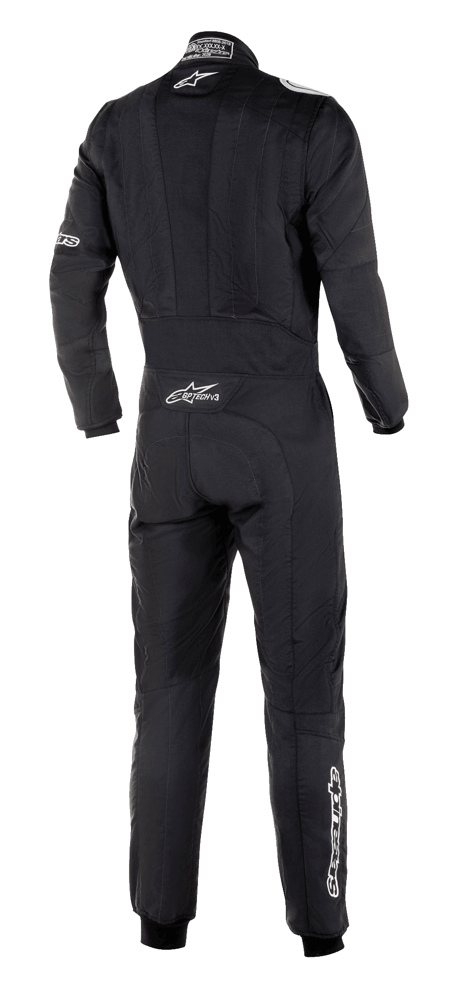 Alpinestars GP Tech V3 Kombi FIA, Rückansicht des schwarzen Autorennanzugs, weißes Alpinestars-Logo und GP Tech V3 Branding am unteren Rücken, professionelle Motorsportausrüstung mit sichtbaren Stretch-Einsätzen und athletischer Passform.