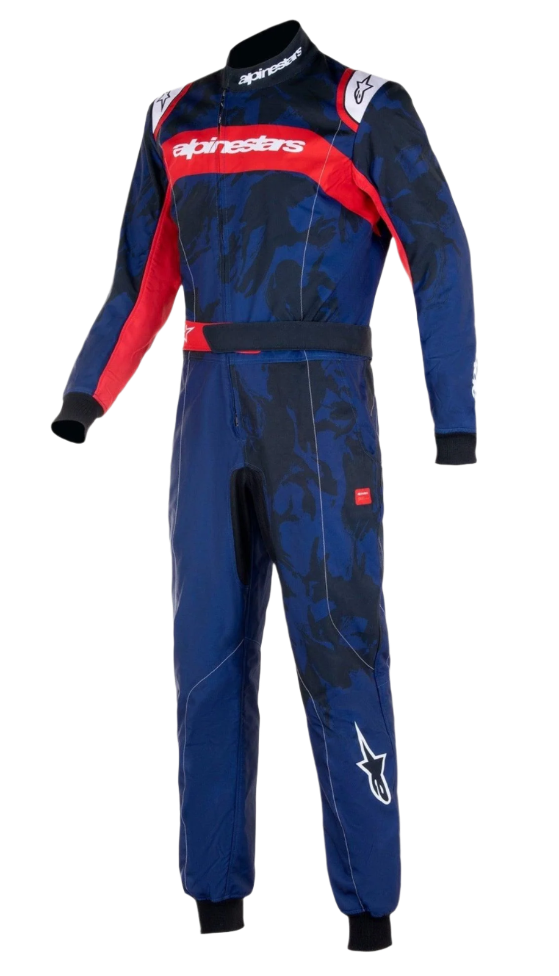 Alpinestars Jugend-KMX-9 V3 Kombi Graphic 5, Kart-Anzug, Navyblau und Rot, mit einem von Camouflage inspirierten Grafikmuster, rotem Bruststreifen mit weißem Alpinestars-Branding und schwarzen Strickbündchen