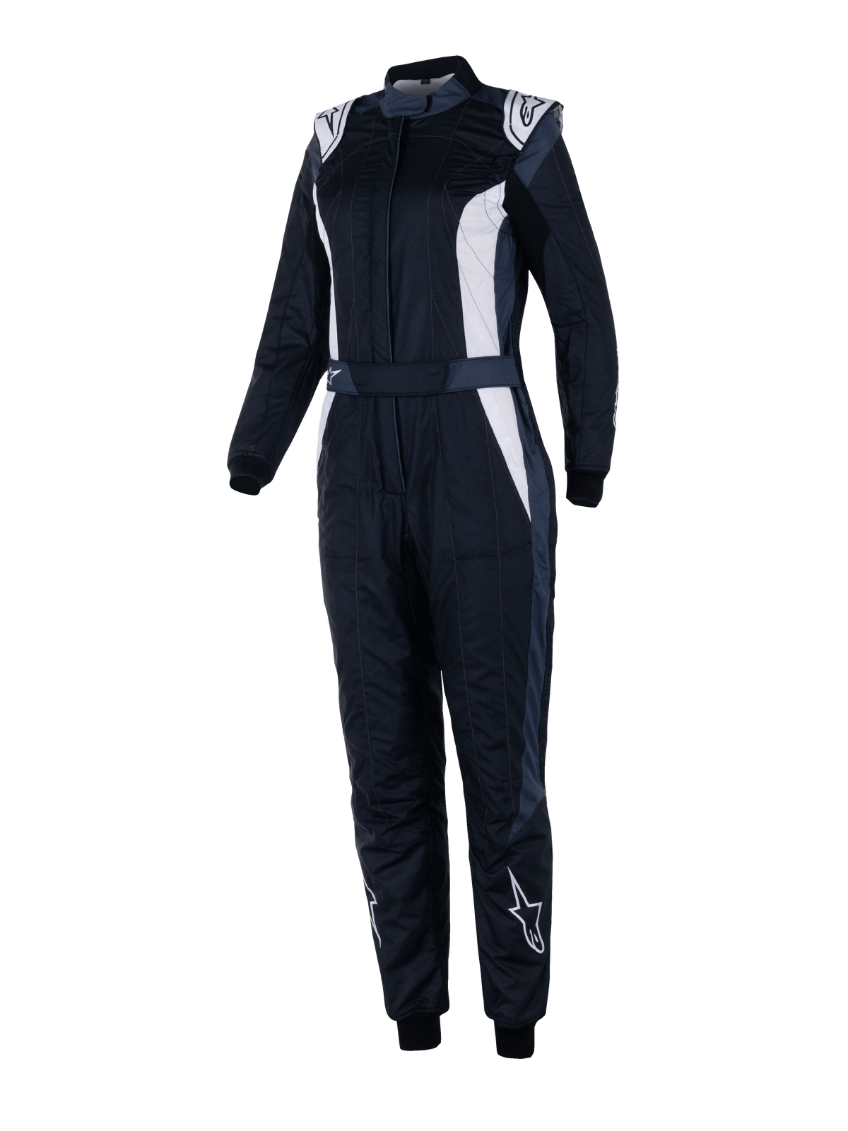 Alpinestars Stella GP Pro Comp V2 Anzug, FIA-zertifizierter Damen-Rennanzug, Schwarz, Asphalt und Weiß, lange Ärmel mit hohem Kragen, weiße Logos an Schultern und Schienbeinen, verstellbarer Taillengürtel, elastische Bündchen, aerodynamisches Design für professionellen Motorsport
