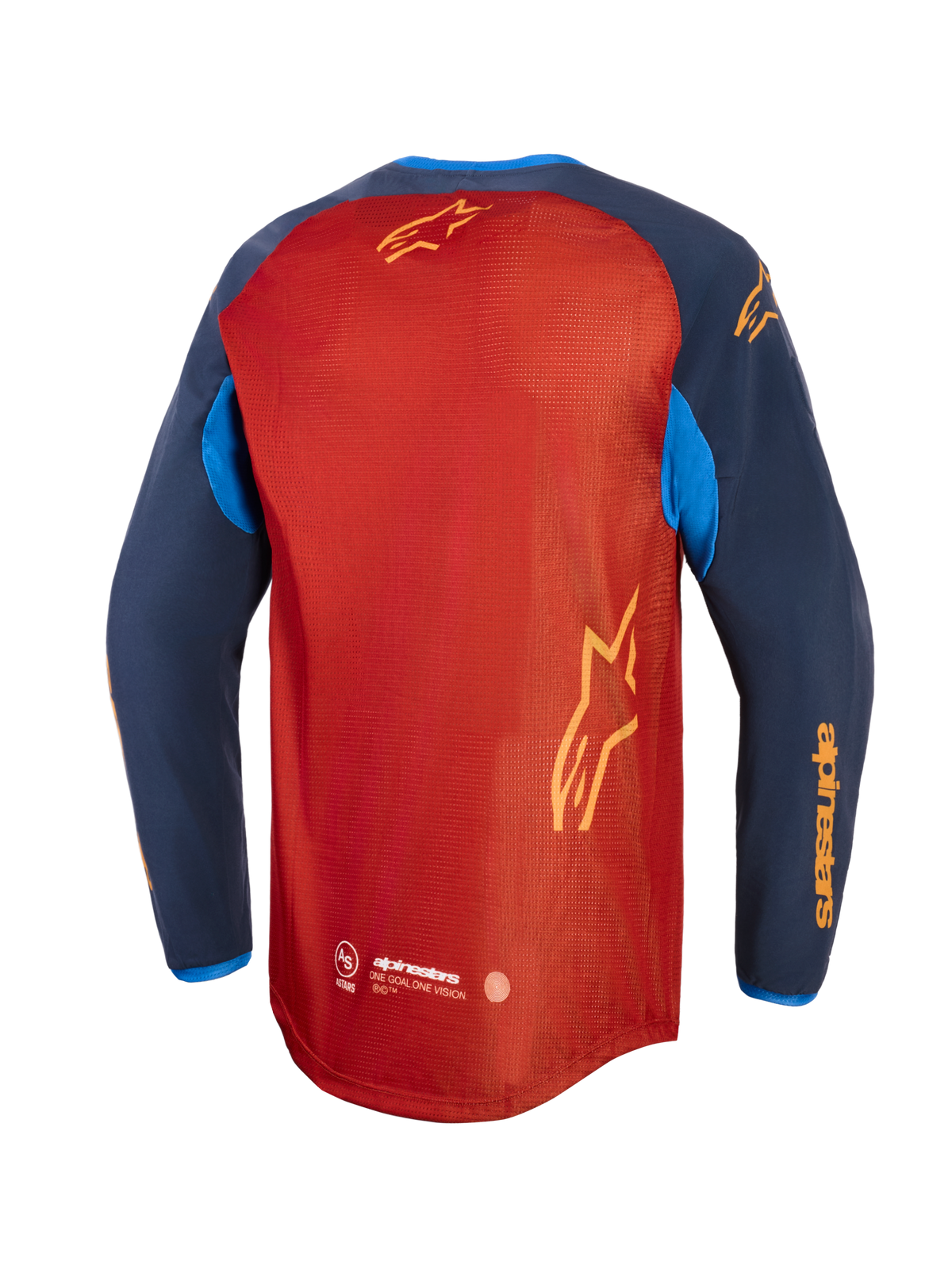 Alpinestars Maxdura Dual Jersey, Adventure-Motorradtrikot, Rostbraun und Mood Indigo mit leuchtend blauen Akzenten, Rückansicht mit vollständigem Mesh-Torso, verlängertem Rückensaum und gelbem Alpinestars-Branding auf den Ärmeln und dem Rücken