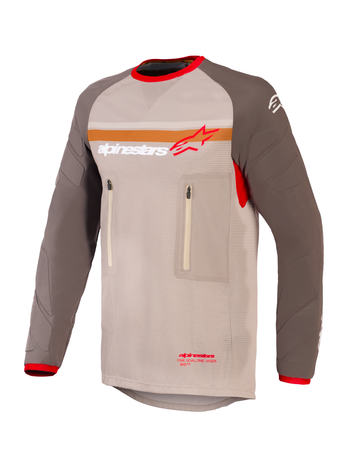 Alpinestars Maxdura Dual Jersey, Adventure- und Dual-Sport-Motorradtrikot, Aluminum Walnut und Braun, Mesh-Torso mit abriebfesten Ärmeln, zwei Brusttaschen mit Reißverschluss, oranger Streifen und Alpinestars-Logo auf der Brust, rote Details an Kragen und Ärmelbündchen