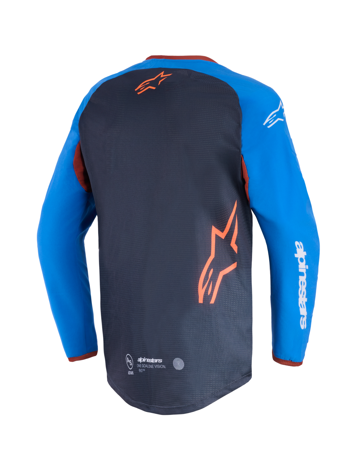 Alpinestars Maxdura Dual Jersey, Motorrad-Jersey, Dunkelgrau und Royalblau, Rückansicht mit Mesh-Torso-Panel und orangefarbenem Stern-Logo, royalblaue Ärmel mit weißem Alpinestars-Schriftzug, verlängerter hinterer Saum für Offroad-Performance