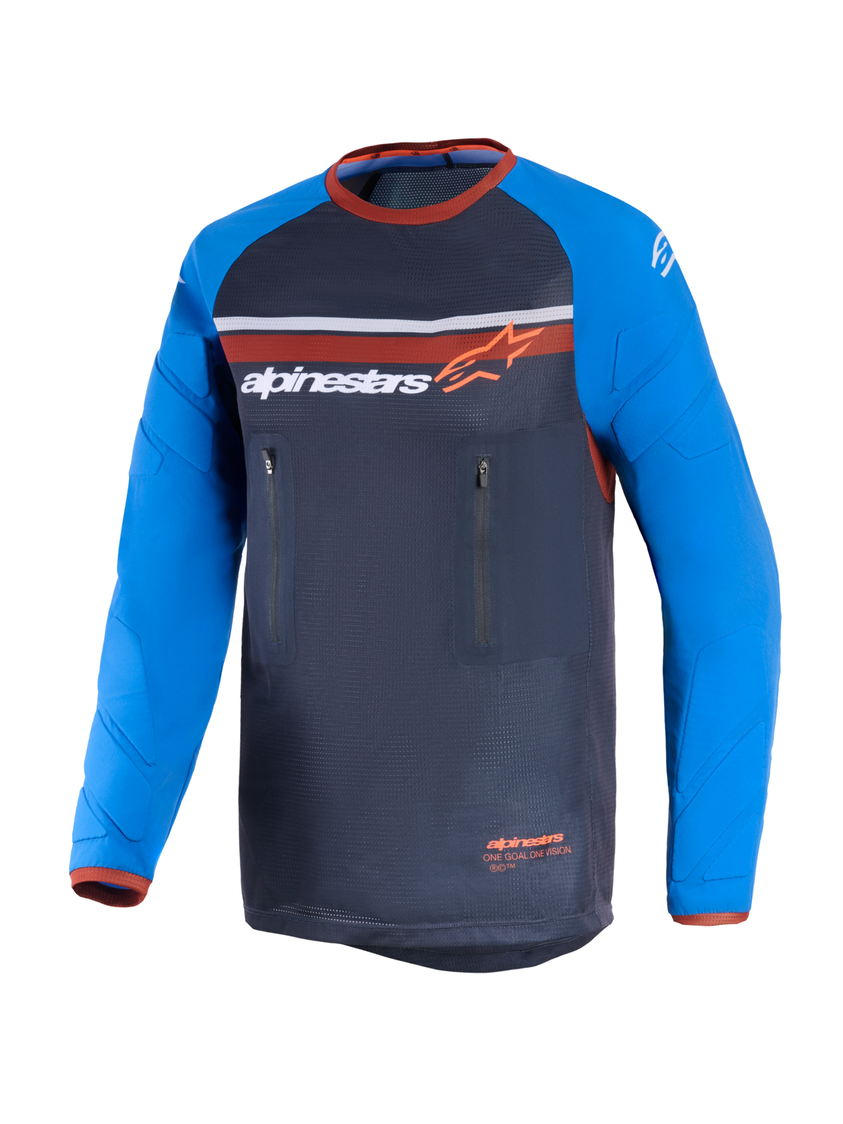 Alpinestars Maxdura Dual Jersey, Dual-Sport-Motorradtrikot, Dunkelgrau und Königsblau, mit Torso aus durchgehendem Mesh-Gewebe, abriebfesten langen Ärmeln mit Verstärkungsmustern, orangen Akzenten und zwei vertikalen Brusttaschen mit Reißverschluss