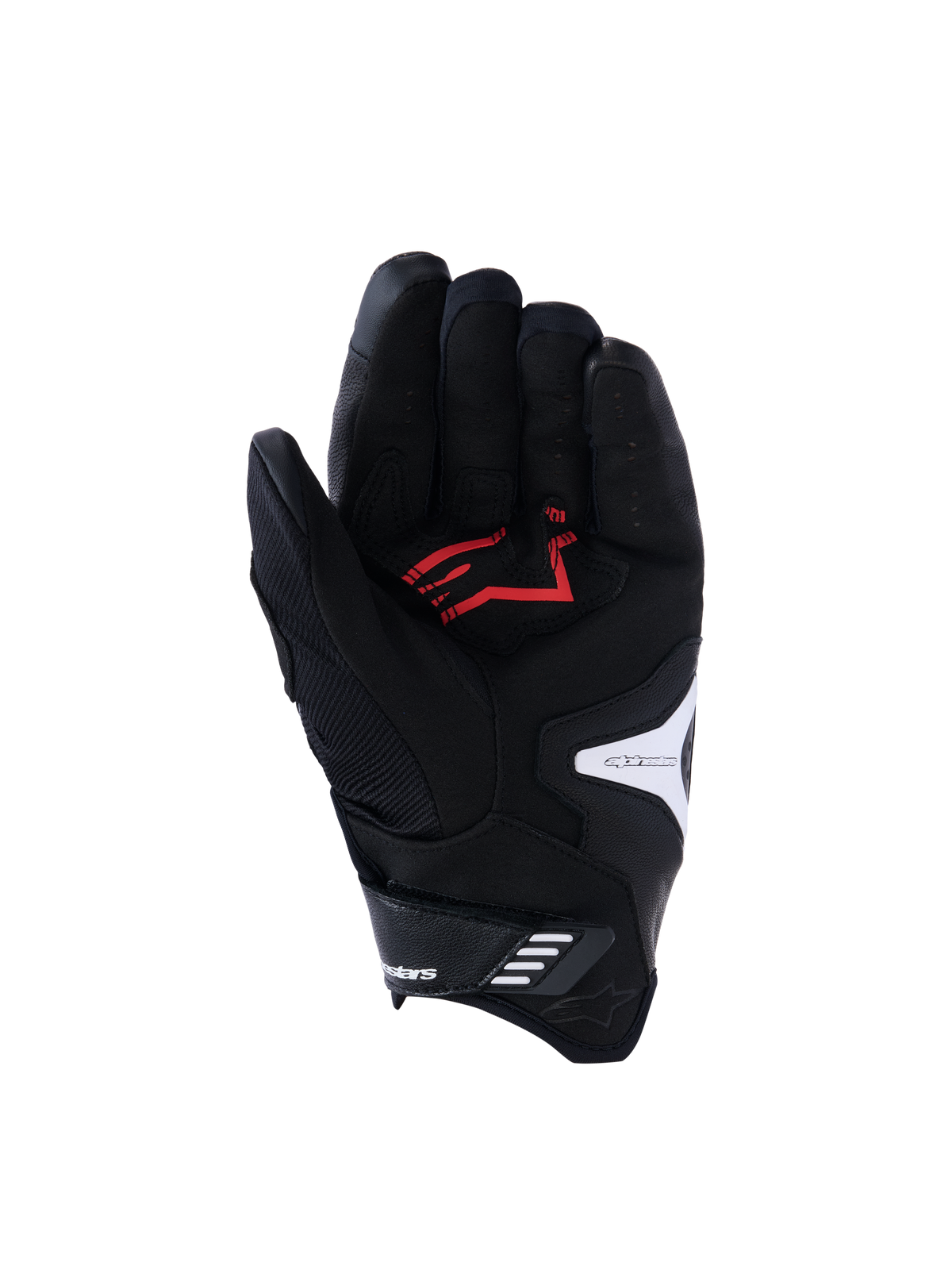 Alpinestars SP-R Pro Handschuhe, Ansicht der Handinnenfläche, Schwarz, Weiß und leuchtendes Rot, mit verstärkter Handfläche aus Synthetikleder und rotem Logo, perforierten Lederfingern und weißen Logo-Akzenten, konzipiert für sportliches Motorradfahren