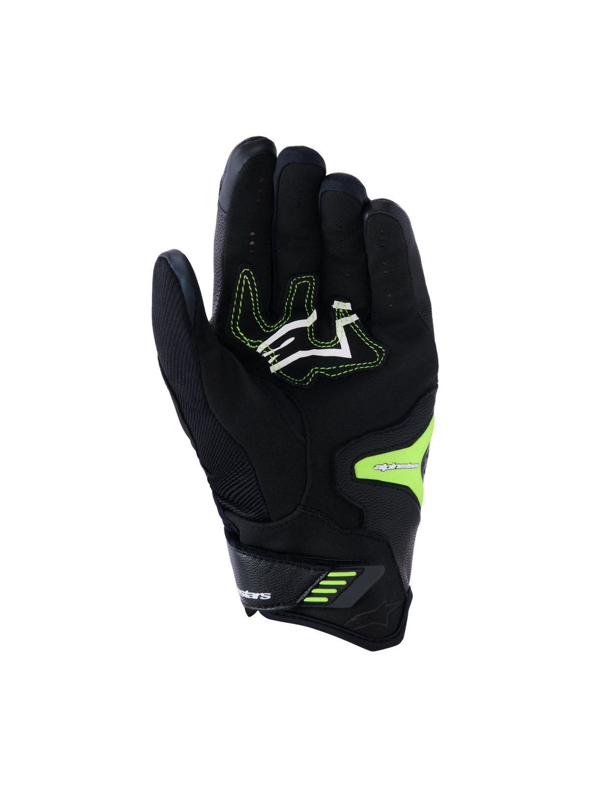 Alpinestars SP-R Pro Handschuhe, Schwarz und Gelb Fluo, Handflächenansicht mit verstärkten Griffzonen aus synthetischem Leder, weißem Logo mit neongelben Nähten und sicherem Handgelenkverschluss, entwickelt für sportliche Motorrad-Performance