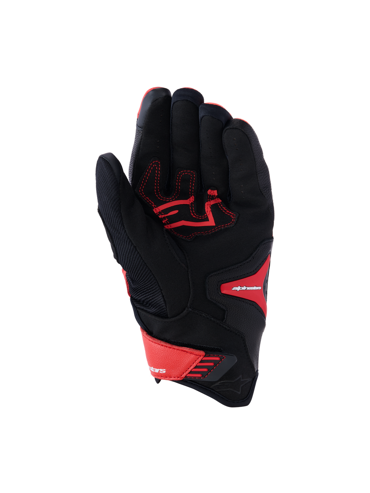 Alpinestars SP-R Pro Handschuhe, Sport-Motorradhandschuhe, Hellrot, Fluo-Rot und Schwarz, Handflächenansicht mit verstärkter Lederinnenhand und roten Kontrastnähten, Textil-Chassis und verstellbarem Handgelenkverschluss.
