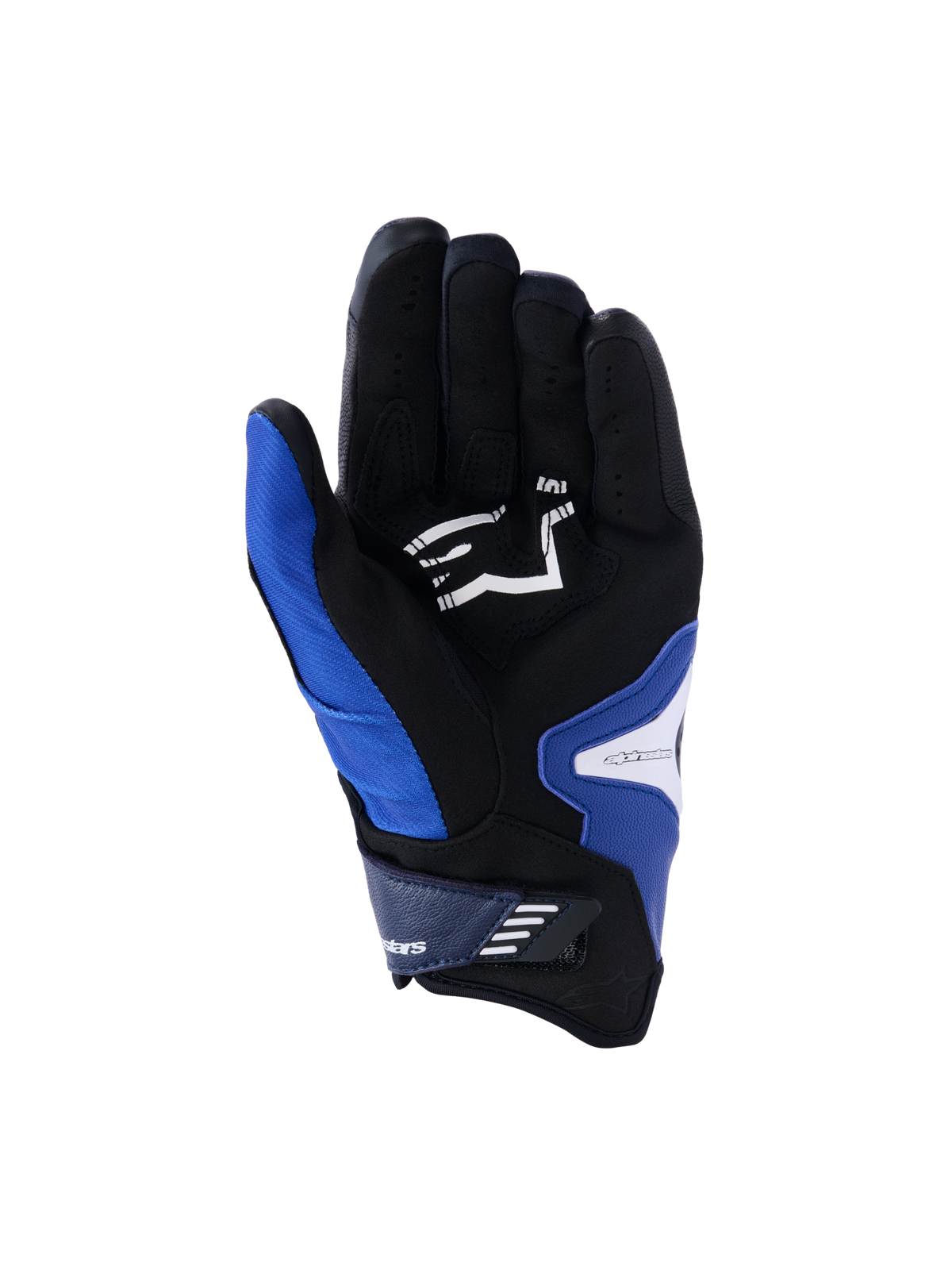 Alpinestars SP-R Pro Handschuhe, Handflächenansicht, Hellblau, Navy und Weiß, schwarze Kunstlederhandfläche mit weißem Alpinestars-Logo, kurzes Manschettendesign mit Klettverschluss und verstärkten Griffeinsätzen.