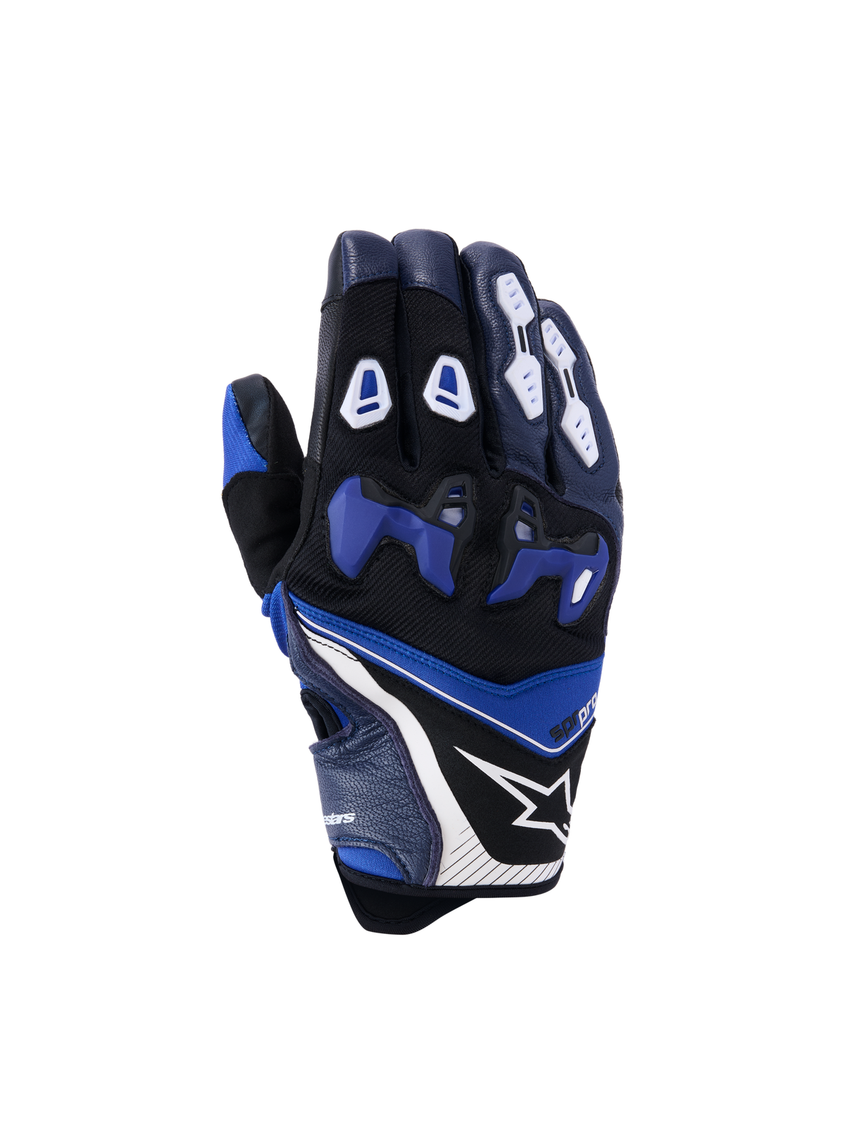 Alpinestars SP-R Pro Handschuhe, Motorrad-Rennhandschuhe, Hellblau, Navyblau und Weiß, Rückhandansicht mit blauem geteiltem TPU-Knöchelprotektor, weißen Fingerschützern, Alpinestars Stern-Logo und kurzem Manschetten-Design