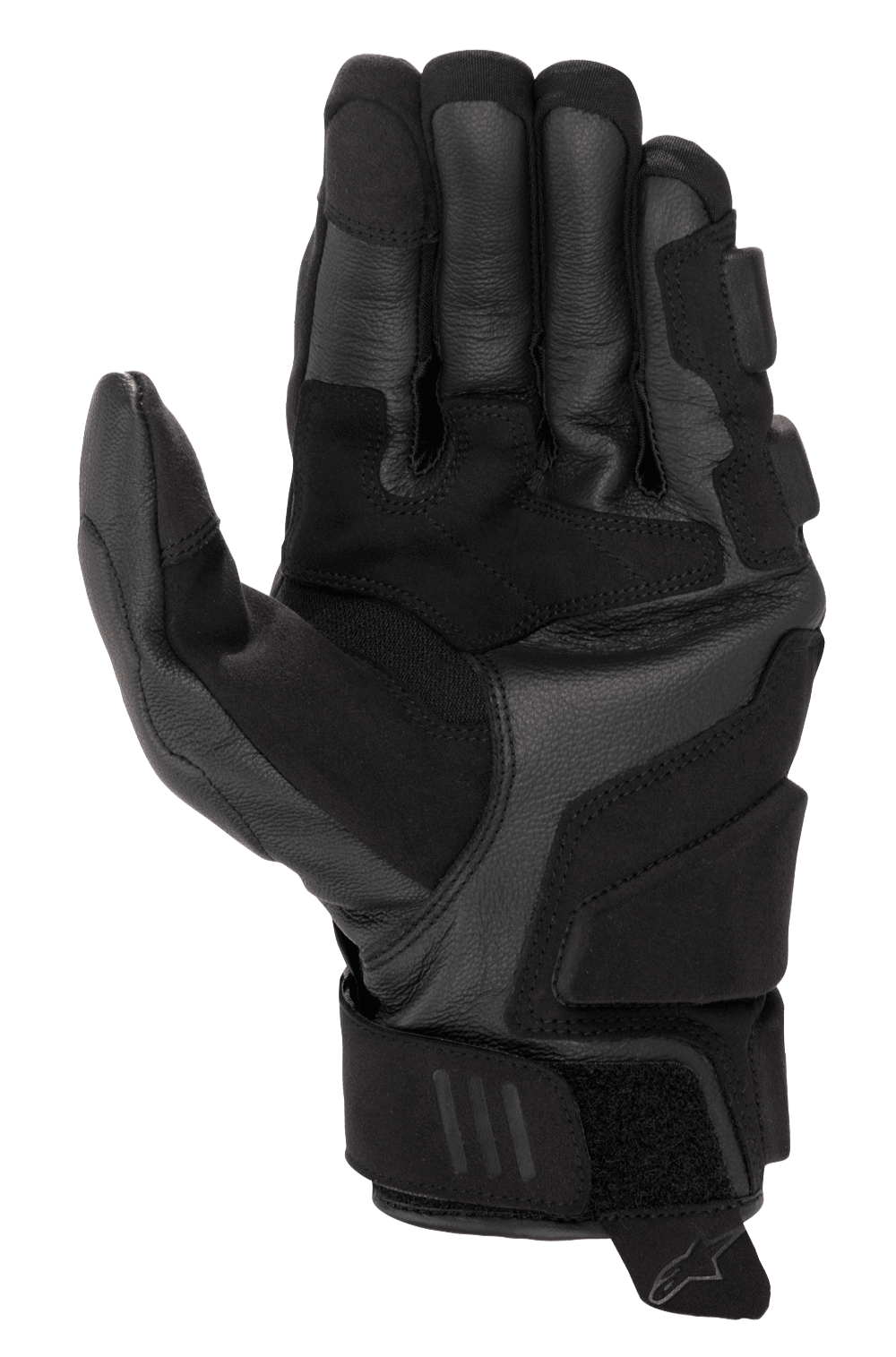 Alpinestars Phenom Lederhandschuhe, Motorradhandschuhe, Schwarz, Handflächen- und Seitenansicht zeigt Konstruktion aus hochwertigem Ziegenleder, verstärkte Handseite und Aufprallzonen, kurze Manschette mit Klettverschluss, Touchscreen-kompatible Fingerspitzen, sportliche Performance-Fahrausrüstung