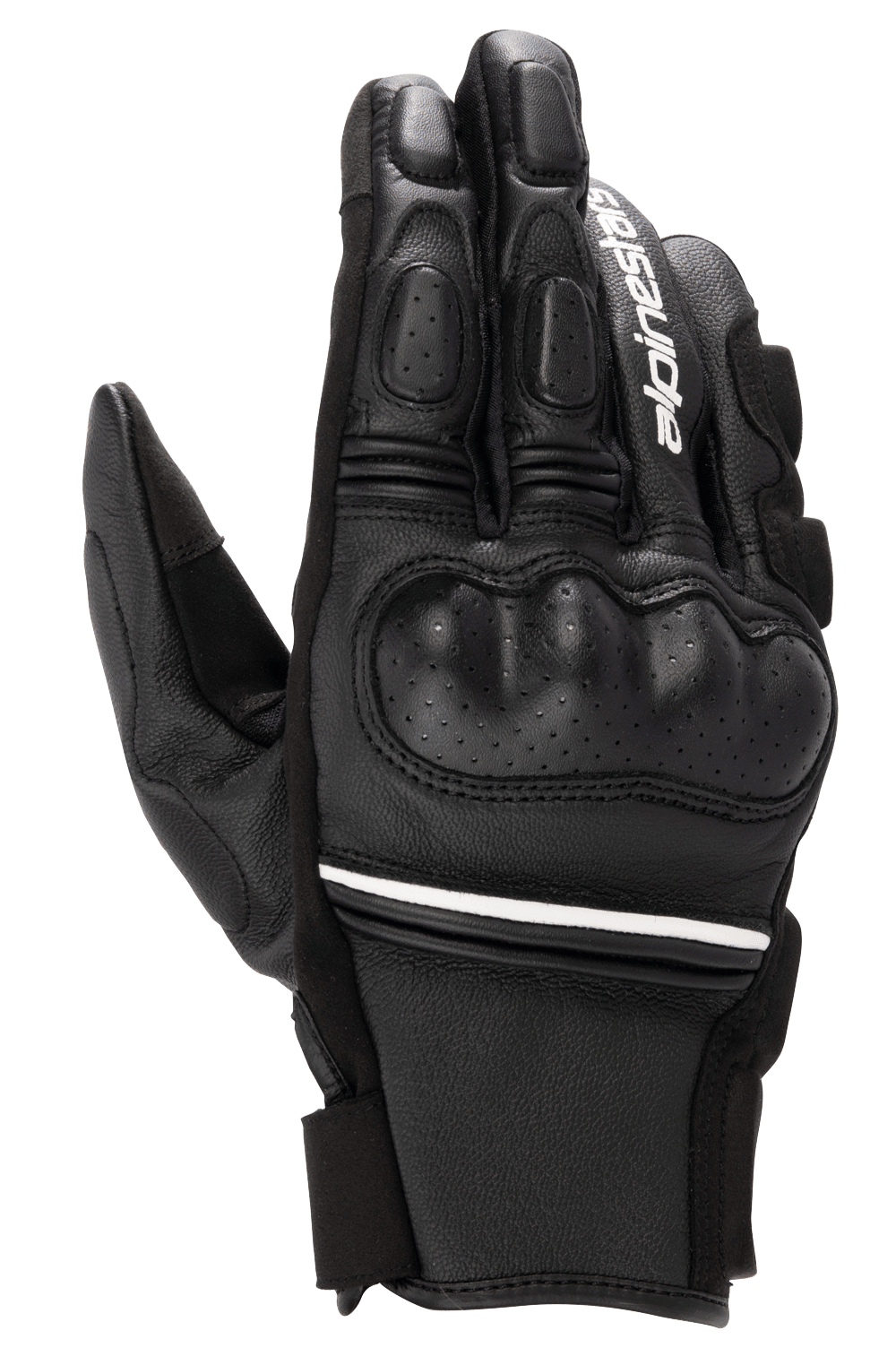 Alpinestars Phenom Lederhandschuhe, Schwarz und Weiß, Motorradhandschuhe mit kurzer Stulpe und hartem Knöchelschutz, perforierte Lederdetails, weißes Alpinestars-Logo am Zeigefinger und weißer Streifen am Handgelenk