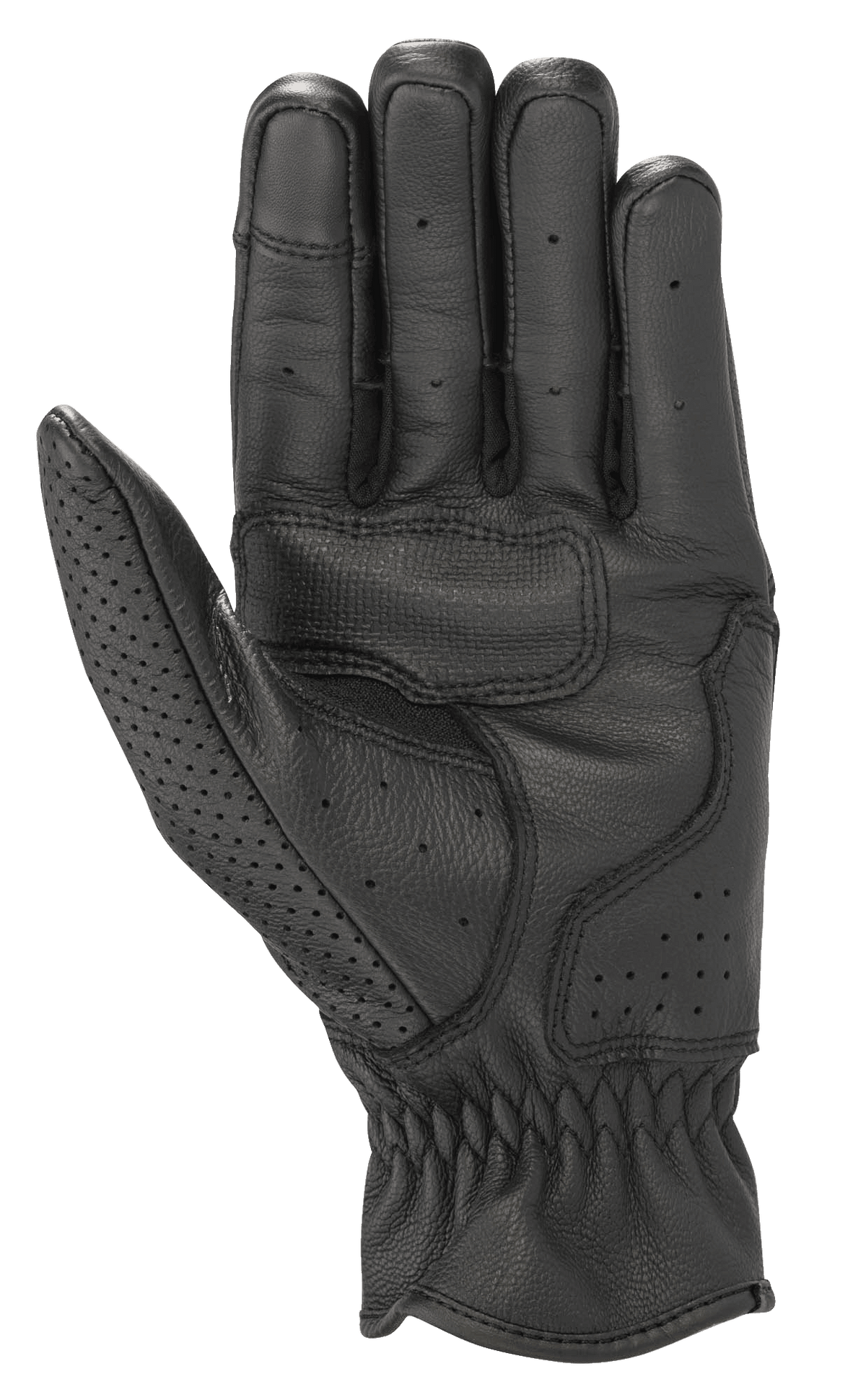 Alpinestars Rayburn V2 Lederhandschuhe, Schwarz, Handflächenansicht, Premium-Lederkonstruktion mit Handflächenverstärkung für optimalen Grip, lokalisierte Perforationen an Fingern und Daumen, Heritage-inspirierte urbane Motorradhandschuhe