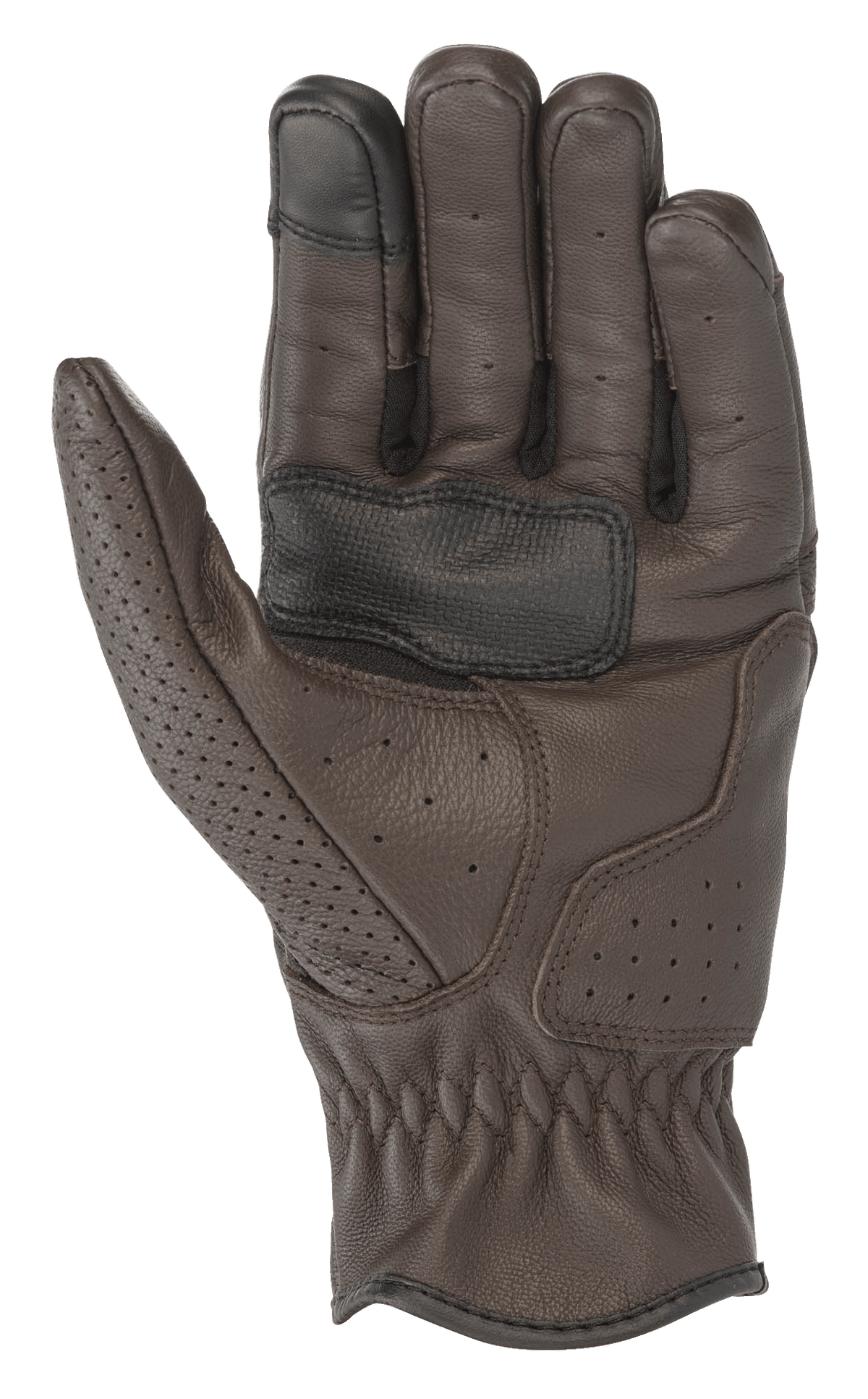 Alpinestars Rayburn V2 Lederhandschuhe, Tabakbraun, Handflächenansicht, hochwertige Lederkonstruktion mit lokalen Perforationen, verstärkte Handfläche für besseren Grip und touchscreen-kompatible Fingerspitze, Heritage-inspirierte urbane Motorradausrüstung