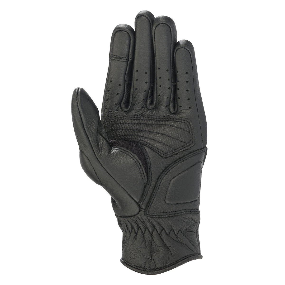 Alpinestars Stella Vika V2 Damen-Handschuhe, schwarze Leder-Motorradhandschuhe, Innenhandansicht mit verstärkter Polsterung, perforierte Finger für Belüftung, kurzes Manschettendesign