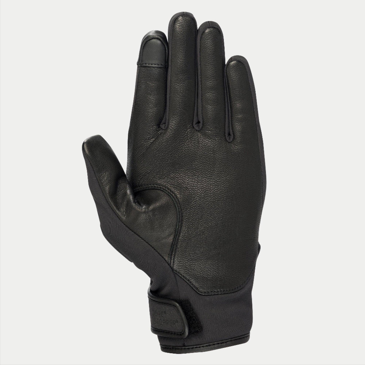 Alpinestars Damen Stella C1 Windstopper V2 Handschuhe, Schwarz, Handflächenansicht mit Verstärkungen aus vollnarbigem Leder und touchscreen-kompatibler Zeigefingerspitze, Klettverschluss an der Manschette, schlankes urbanes Design