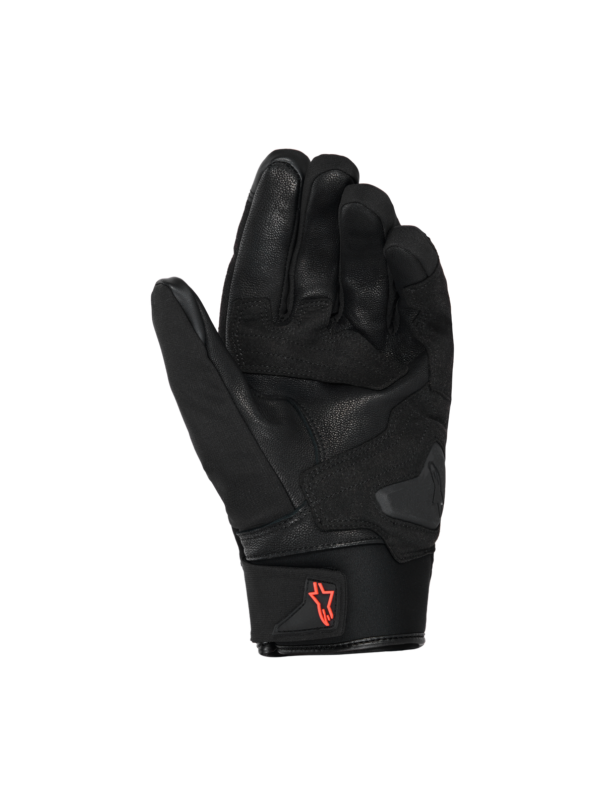 Alpinestars SP X Z Wasserdichte Handschuhe, Motorradhandschuhe, Schwarz mit Red Fluo Logo, Handflächenansicht mit Lederkonstruktion und verstärkten Griffbereichen, Neoprenmanschette mit Zuglasche, Hochleistungs-Straßenfahrausrüstung