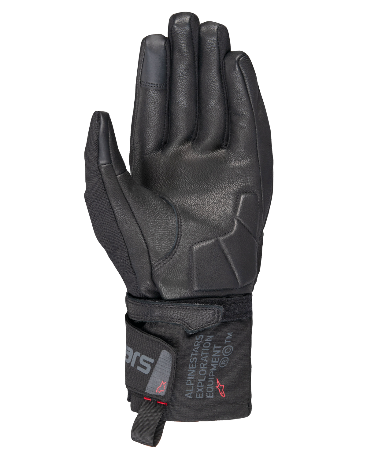 Alpinestars WT-3 Drystar® isolierte Handschuhe, schwarze Motorradhandschuhe, Handflächenansicht mit Lederverstärkung und gepolsterter Handfläche, mittellange Stulpe mit Alpinestars Exploration Equipment Branding, Touchscreen-kompatible Fingerspitzen, strapazierfähiger Allwetter-Touring-Schutz.