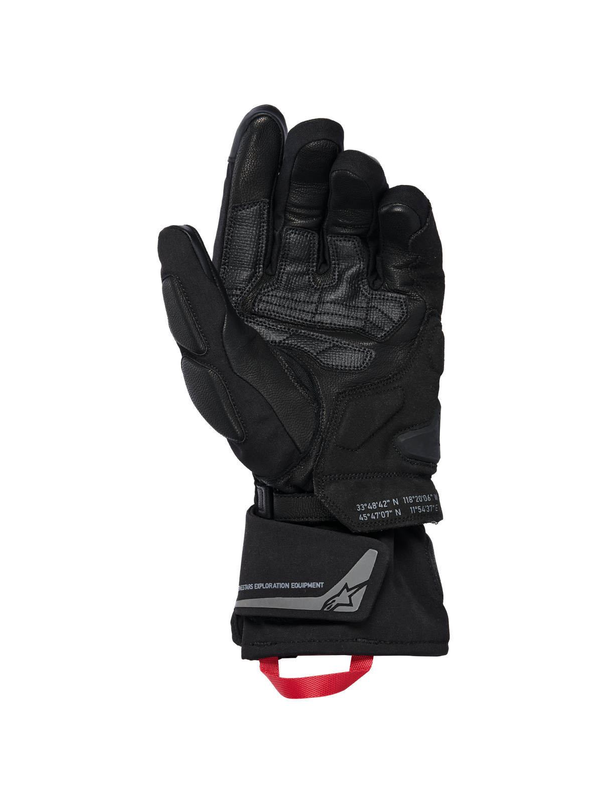 Alpinestars WT-8 GORE-TEX Isolierte Handschuhe, Motorradhandschuhe, Schwarz, Innenansicht der Handfläche zeigt verstärkte Lederbesätze und gepolsterte Slider, lange Stulpe mit einer roten Zugschlaufe und Alpinestars Exploration Equipment Branding mit geografischen Koordinaten, technisches Road- und Adventure-Design