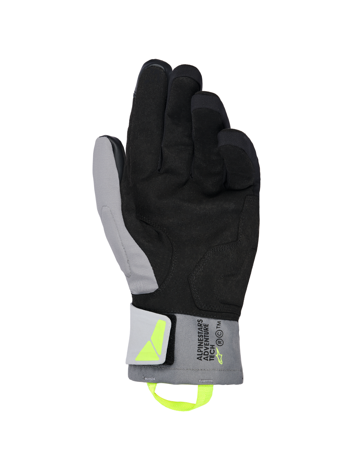 Alpinestars XT-3 Drystar® Isolierhandschuhe, Motorradhandschuhe in Schwarz und Dunkelgrau, Handflächenansicht mit weichem schwarzem Wildleder und grauem Textil, fluoreszierend gelbe Zuglasche und Logo, 'ALPINESTARS ADVENTURE TECH' Branding am Bündchen, wasserdicht und isoliert für Abenteuerfahrten