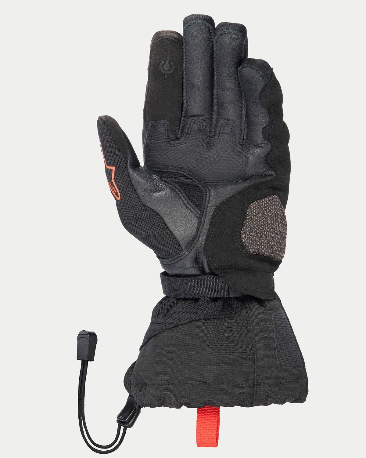 Alpinestars XT-5 GORE-TEX Handschuhe, Schwarz, Handflächenansicht mit Lederkonstruktion, AR Shield Landezonen-Verstärkung, lange Stulpe mit Kordelzug-Verschluss, Touchscreen-kompatible Fingerspitzen und charakteristische rote Akzente.