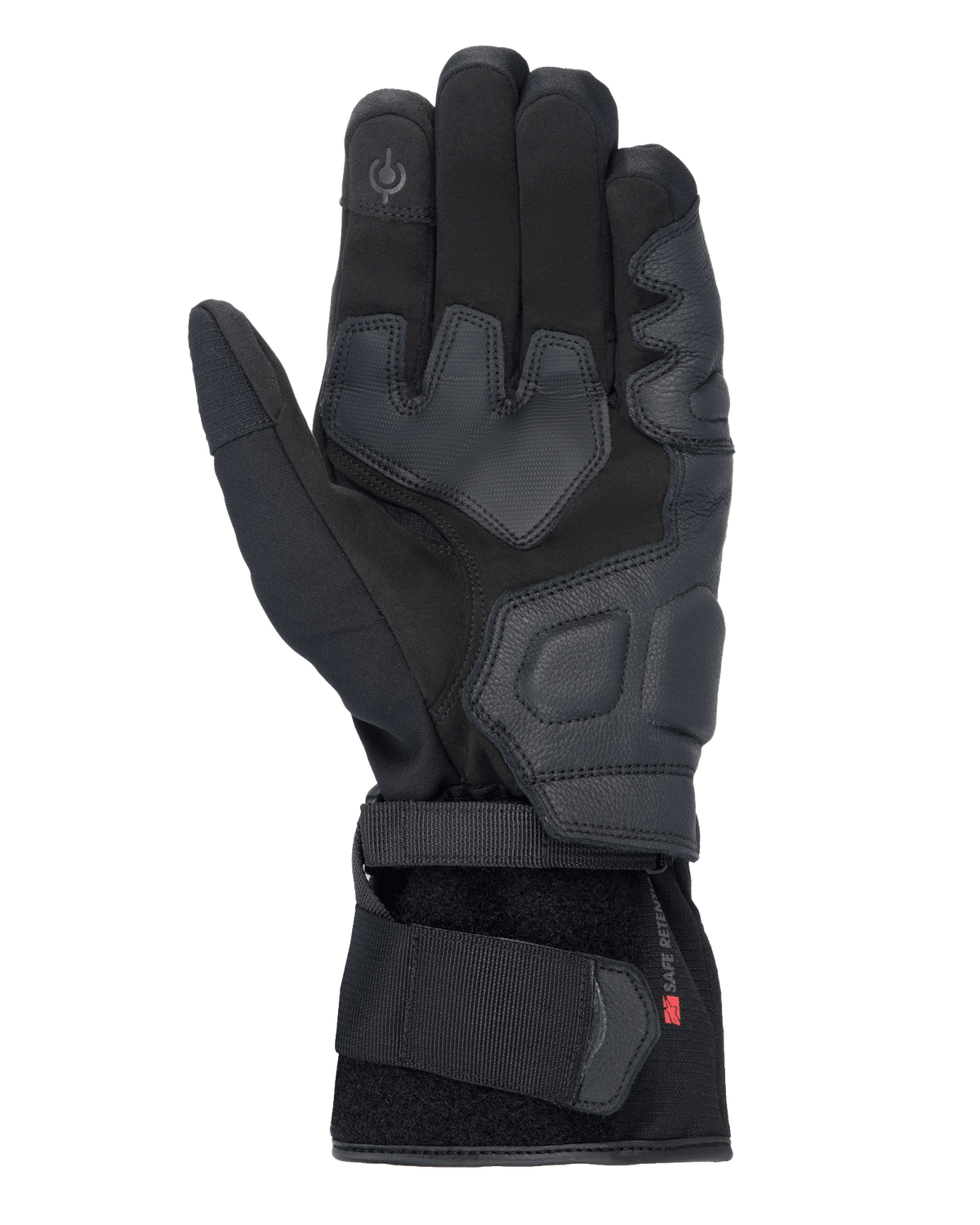 Alpinestars Tourer W-7 V2 Drystar® Gloves, Black motorcycle gloves, palm view featuring leather reinforcements, padded grip areas, touchscreen-compatible fingertip, and secure wrist strap closure.