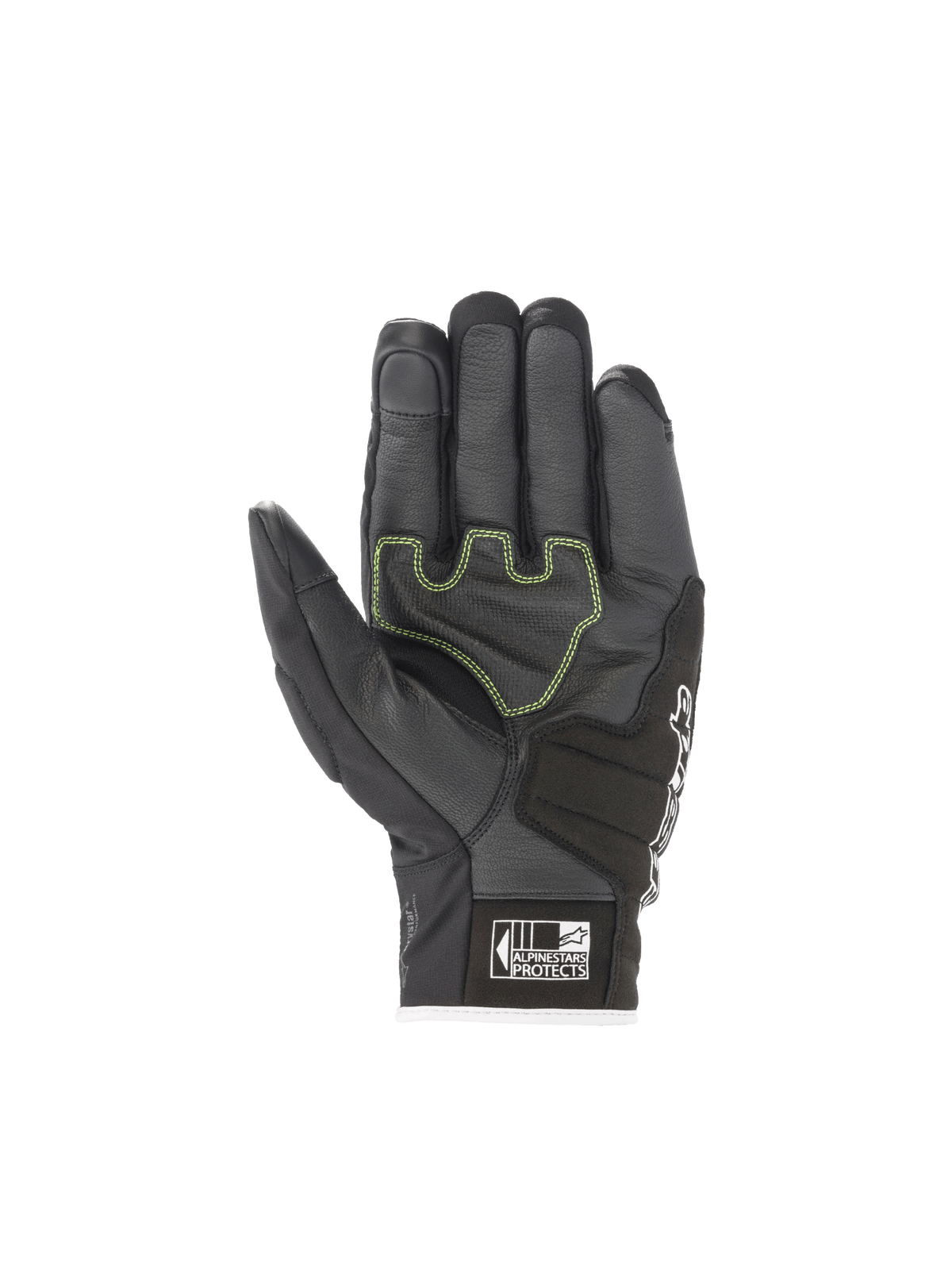 Alpinestars SMX Z Drystar® Handschuhe, wasserdichte Motorradhandschuhe, schwarze Ziegenleder-Handfläche, fluogrüne Details.
