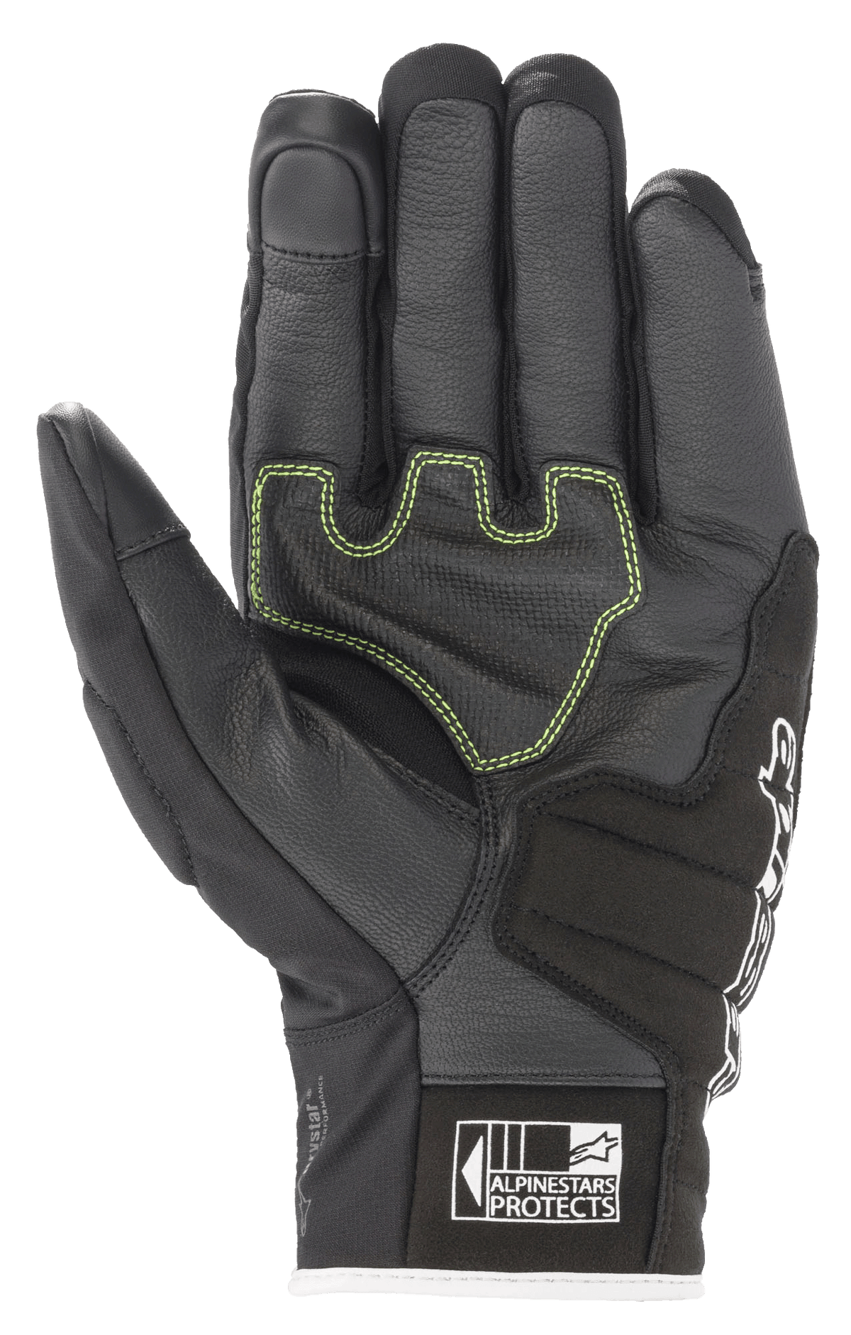 Alpinestars SMX Z Drystar® Handschuhe, Motorradhandschuhe, Schwarz Weiß Rot Fluo, Handflächenansicht mit verstärktem Leder, limettengrünen Kontrastnähten und Alpinestars Protects-Logo an der Stulpe